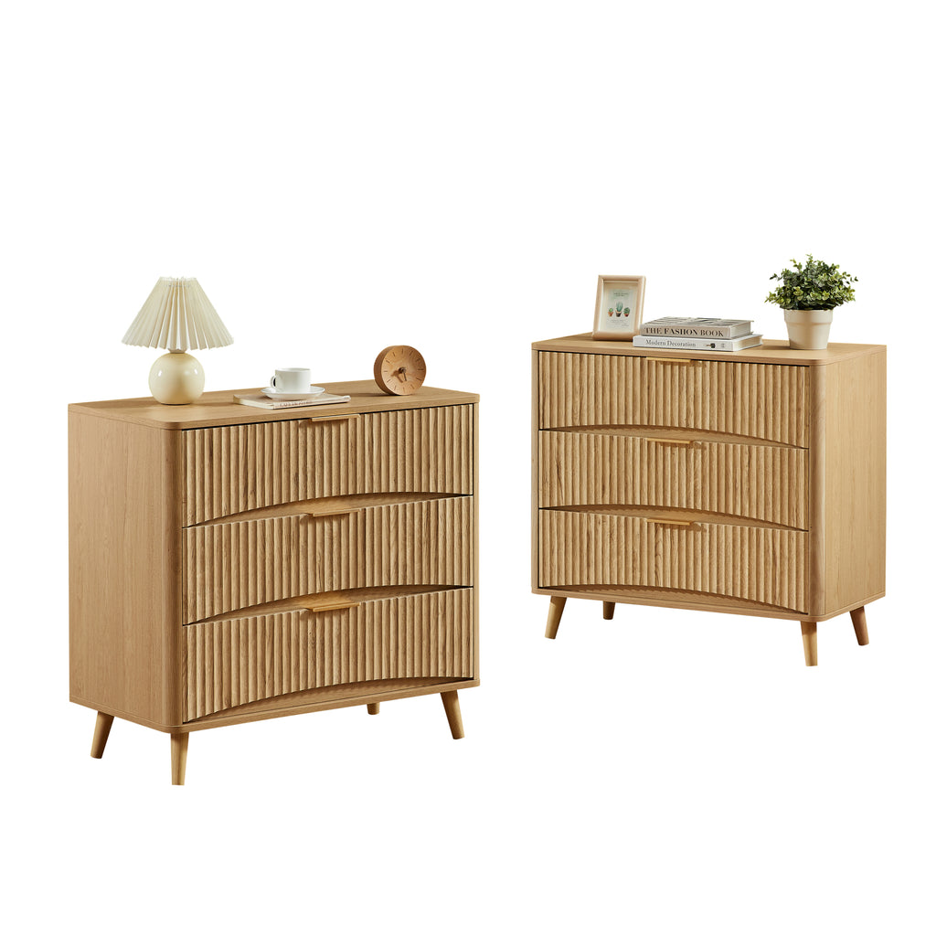 Fluted 3 Drawer Dresser Set of 2, Modern Tall Chest of Drawers with Vertical Grooved Design, Wood Storage Cabinet with Metal Handles for Bedroom Living Room, Oak. (23.6'W x 15'D x 30'H). - Grand Goldman Shop