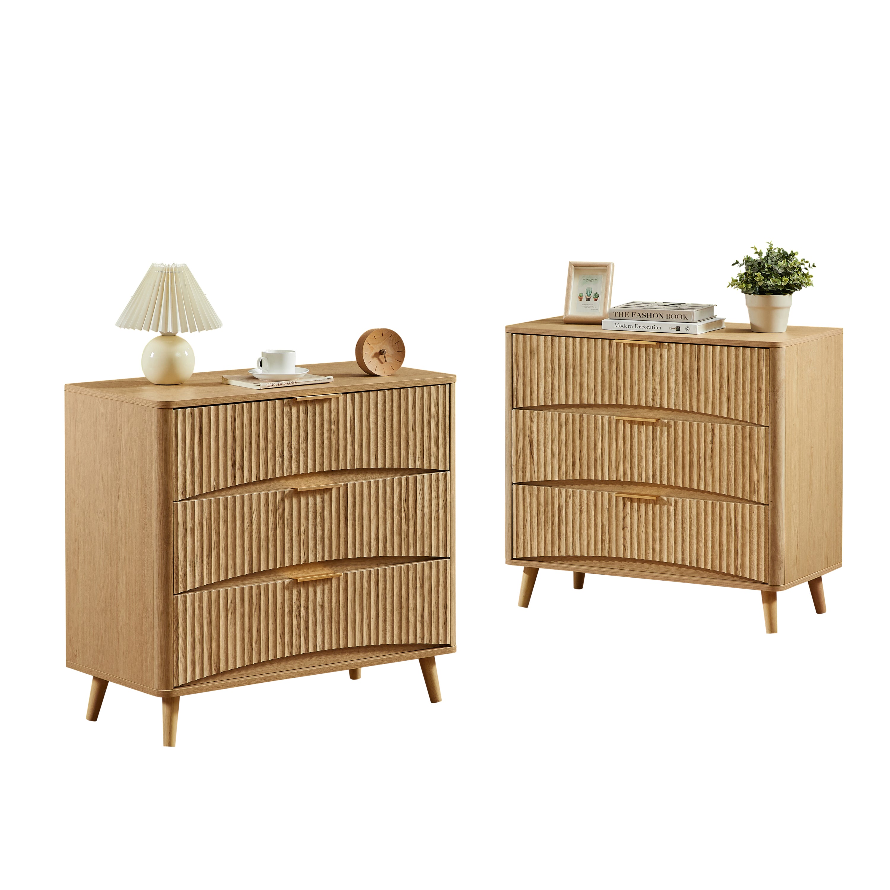 Fluted 3 Drawer Dresser, Modern Tall Chest of Drawers with Vertical Grooved Design, Wood Storage Cabinet with Metal Handles for Bedroom Living Room, Oak. (23.6'W x 15'D x 30'H). - Grand Goldman Shop