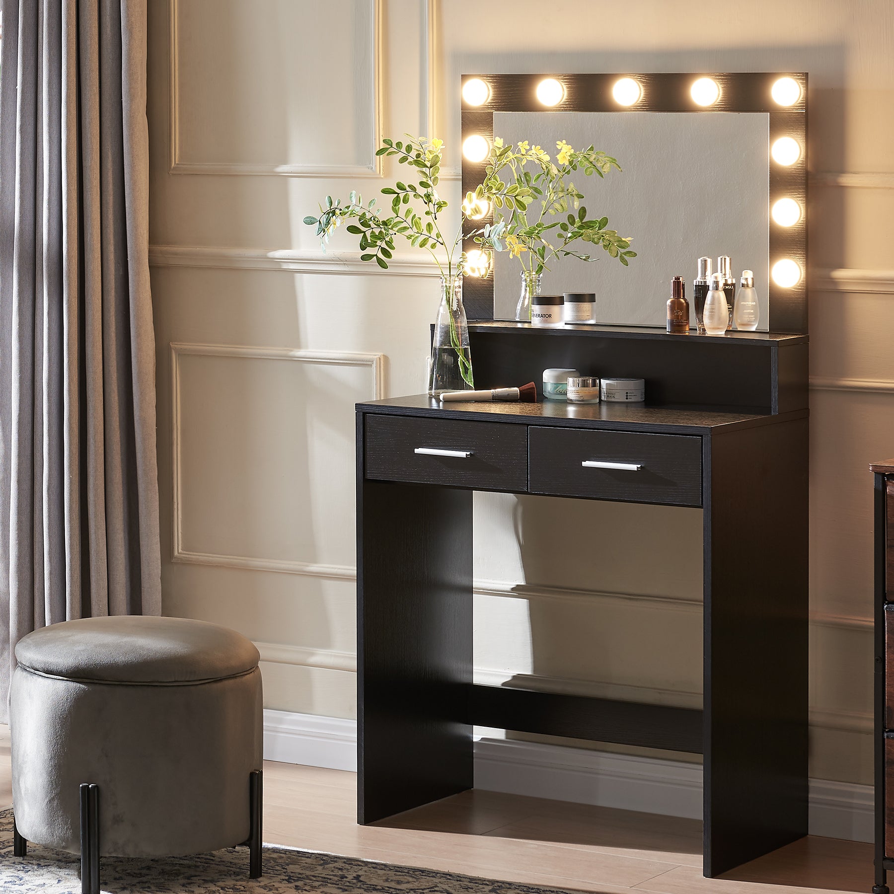 Vanity Desk with Mirror and Lights, Dressing Table with Large Drawer, 2 Level Storage Dresser & 3 Lighting Modes Adjustable Brightness, Suitable for Bedroom(Black) - Grand Goldman Shop