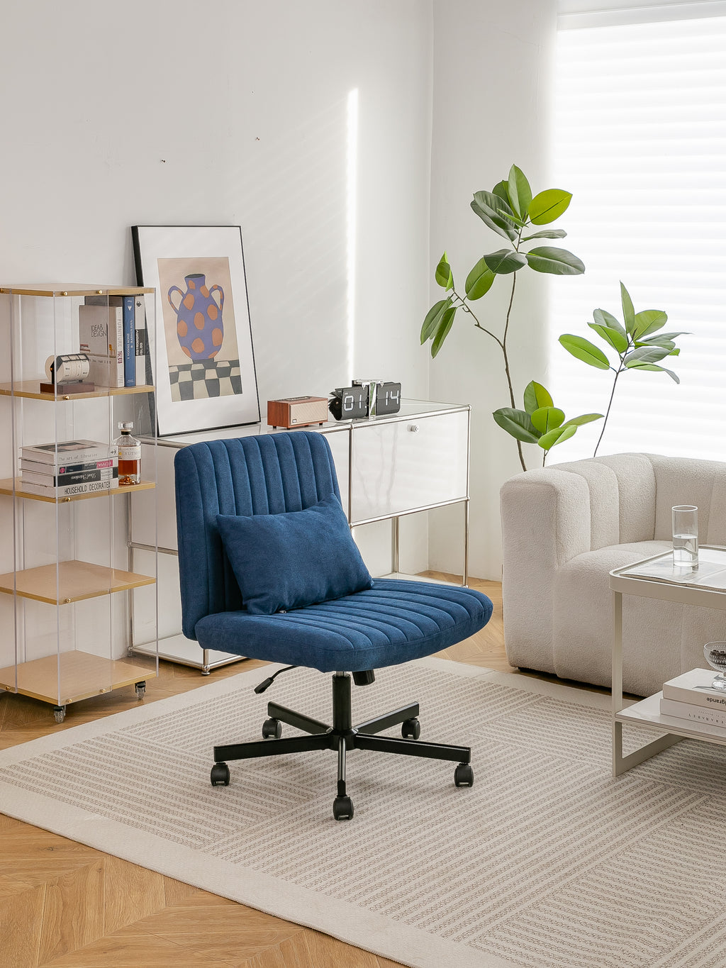 Modern Linen Blue Criss Cross Office Chair with Adjustable Height, Ergonomic Design, and Breathable Fabric in Blue Linen Mate