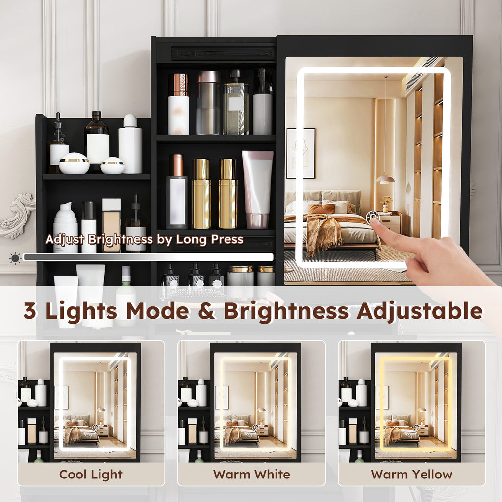 Modern Vanity Desk with 3 LED Lighting Modes, 4 Drawers, Open Shelves, Hair Dryer Holder & Power Socket, Black MDF Dressing Table Set with Chair - Grand Goldman Shop