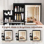 Modern Vanity Desk with 3 LED Lighting Modes, 4 Drawers, Open Shelves, Hair Dryer Holder & Power Socket, Black MDF Dressing Table Set with Chair - Grand Goldman Shop