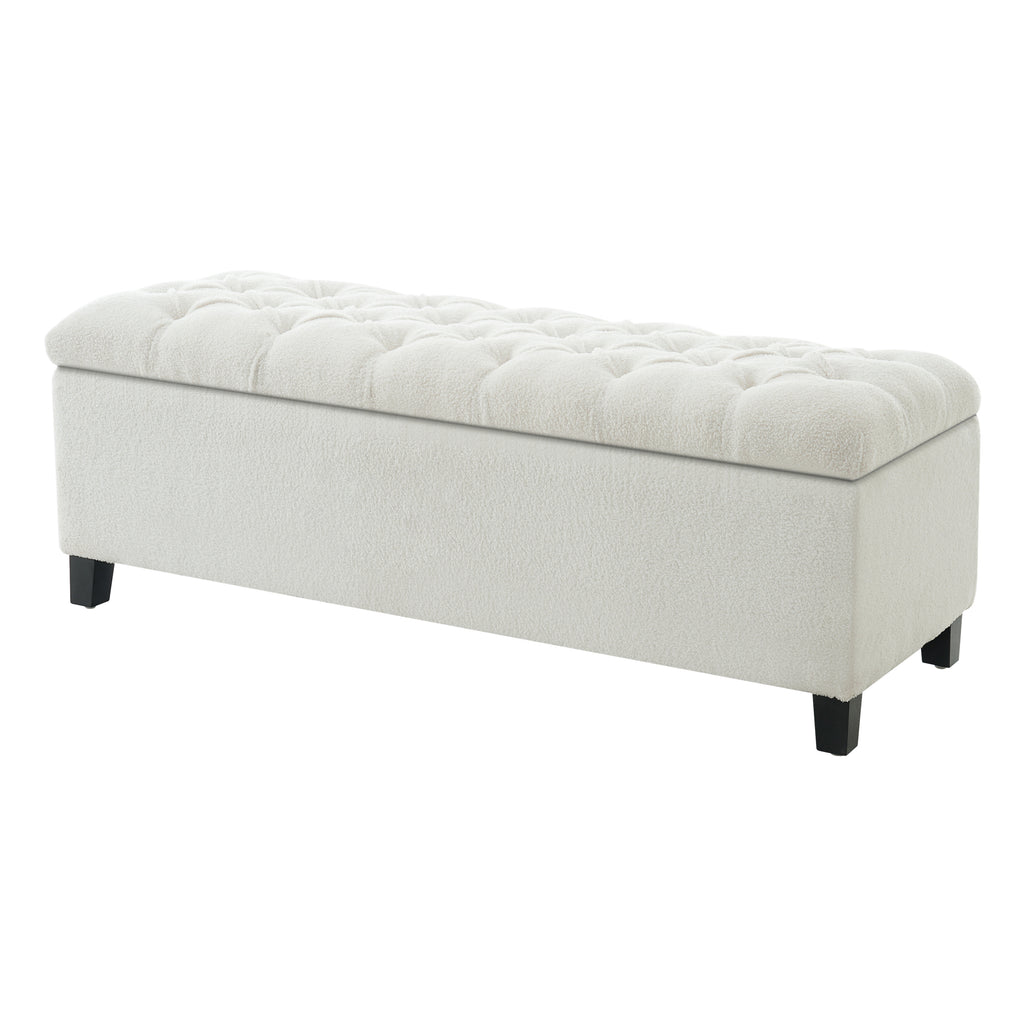 Ottoman Bench with Storage, White Boucle Surface, Rubber Wood Legs, 300 lbs Capacity - Grand Goldman Shop