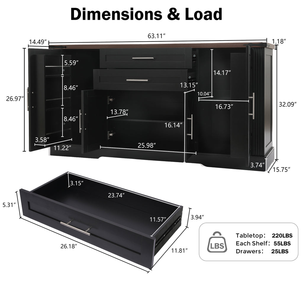 Black Farmhouse Barn Door Storage Cabinet with 2 Drawers & Door Rack, Adjustable Shelves, MDF Construction, 63.11' L x 15.75' W x 32.09' H - Grand Goldman Shop