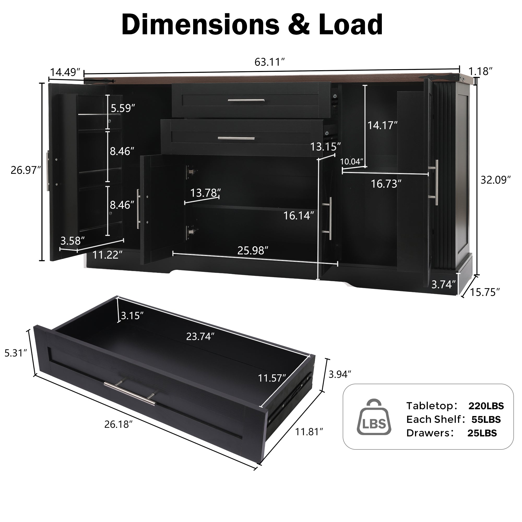 Black Farmhouse Barn Door Storage Cabinet with 2 Drawers & Door Rack, Adjustable Shelves, MDF Construction, 63.11' L x 15.75' W x 32.09' H - Grand Goldman Shop