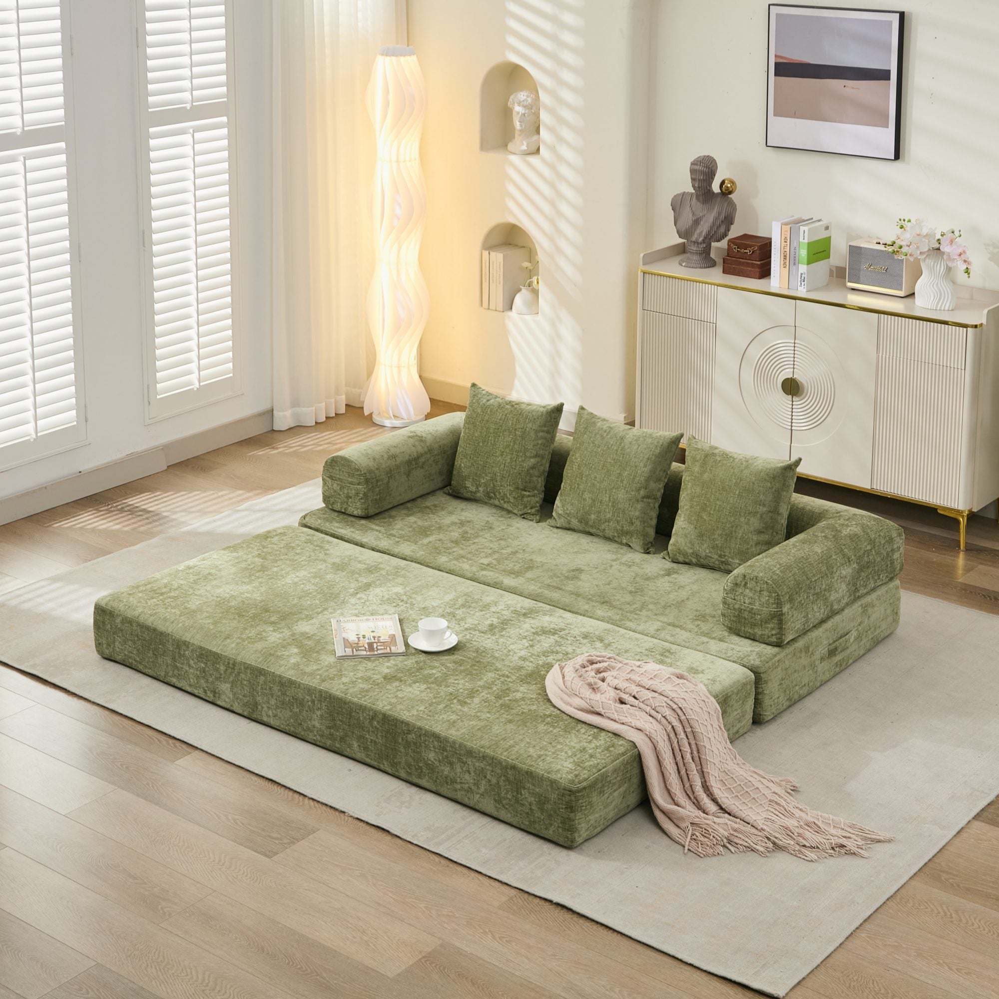 Comfy Convertible Folding Mattress Couch, Floor Sofa Bed, Chenille Floor Sofa with Armrest, Floor Sofa Lounge Couch for Living Room Bedroom Lounge Studio-Green - Grand Goldman Shop