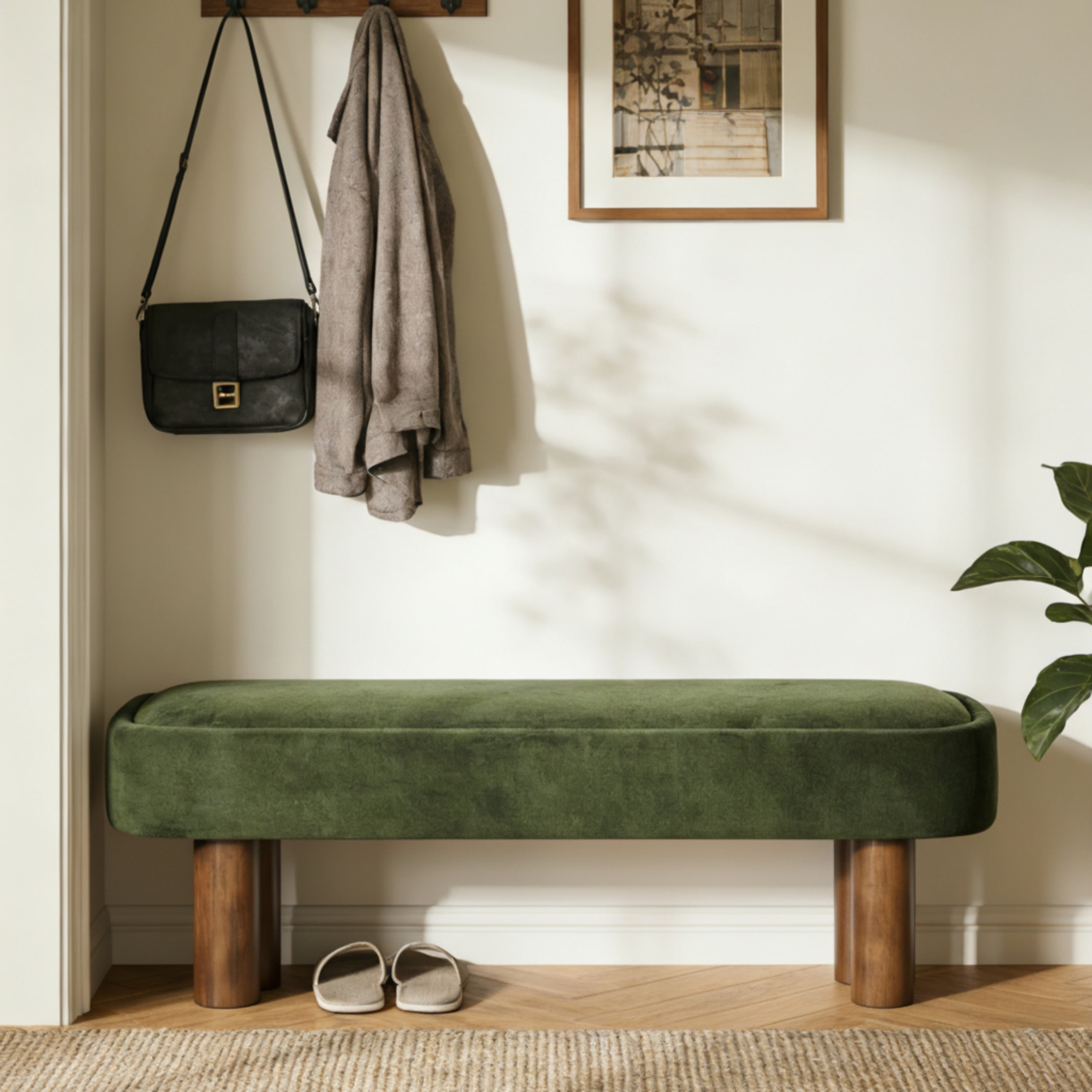 Indoor Green Fabric Dining Bench with Walnut Color Legs, 51.57'L Upholstered Seating for Kitchen, Dining Room and Living Space,250lbs Capacity - Grand Goldman Shop