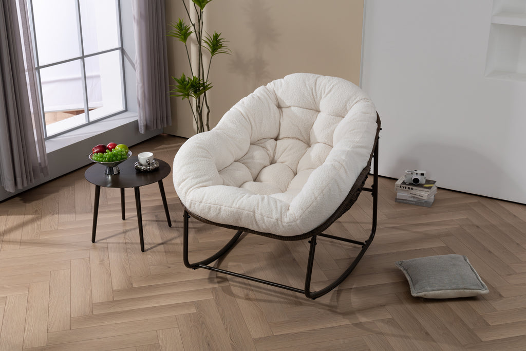 Outdoor Rattan Rocking Chair,Padded Cushion Rocker Recliner Chair Outdoor for Front Porch, Living Room, Patio, Garden, White - Grand Goldman Shop