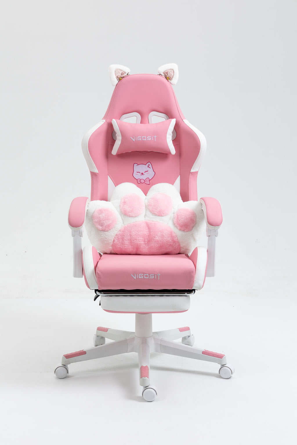 Cat Ears Pink Gaming Chair - Pink PU Leather Ergonomic Reclining Office Chair with Footrest, 310lb Capacity, 6-Position Recli
