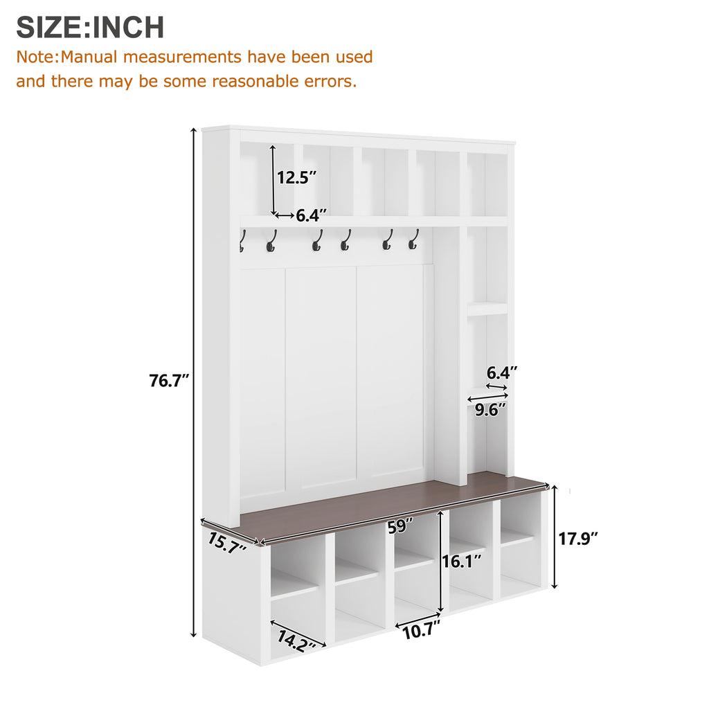 Farmhouse Wooden Hall Tree with 6 Hooks, Walnut Storage Bench with Adjustable Shelves, 4-in-1 Entryway Shoe Cabinet with Cubbies for Mudroom, Living Room, White, 76.7'H (OLD SKU: N721S000044K) - Grand Goldman Shop