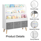 Kids Bookshelf with 3 Fabric Storage Bins, White Wooden Book Display Organizer for Toddlers and Children, Front-Facing Book R