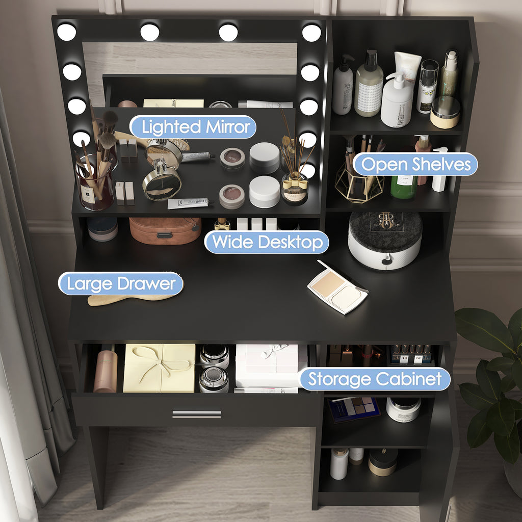 Vanity Desk with Mirror & Light, Large Drawer Three Level Storage Dresser, 3 Lighting Modes Adjustable Brightness, Bedroom Dressing Table(black) - Grand Goldman Shop