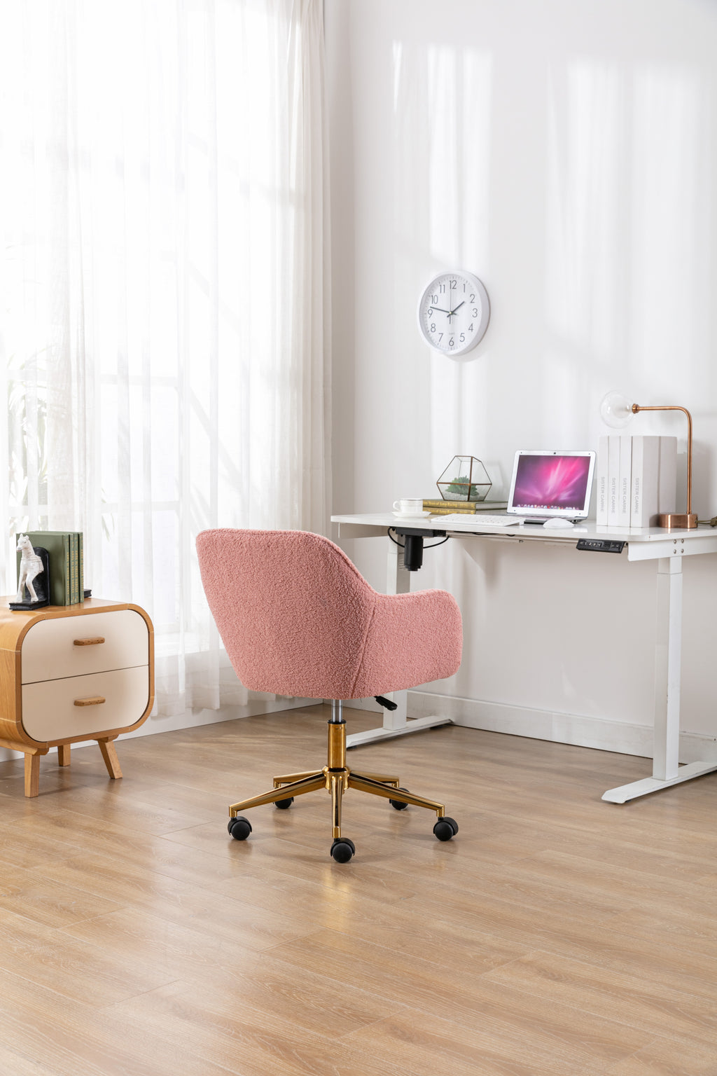 Modern Teddy Fabric Material Adjustable Height 360 Revolving Home Office Chair With Gold Metal Legs And Universal Wheel For I