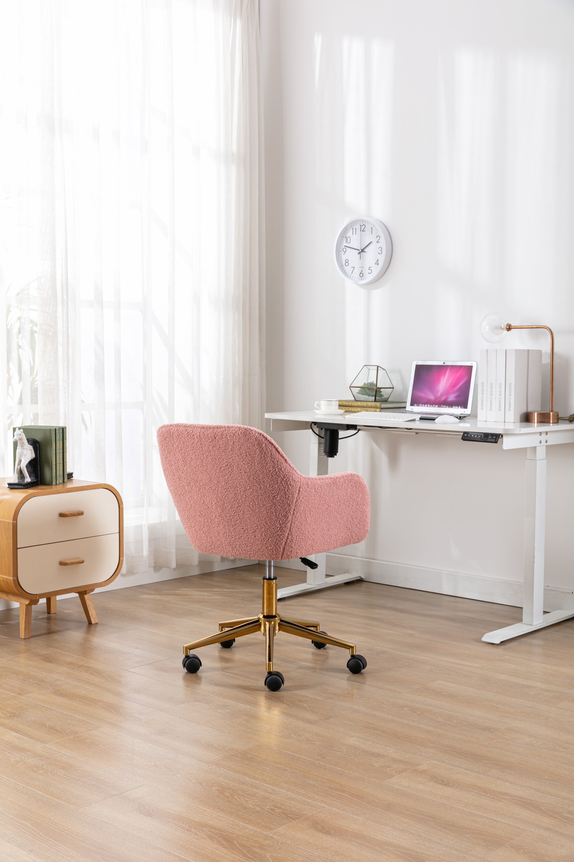 Modern Teddy Fabric Material Adjustable Height 360 Revolving Home Office Chair With Gold Metal Legs And Universal Wheel For I