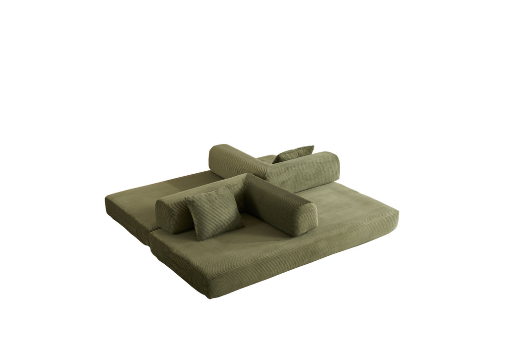 Convertible Sleeper Sofa Bed with Cylindrical Pillow, Corduroy Folding Mattress Couch with Fixed-Shape Frame, Floor Sofa Lounge Couch for Living Room Bedroom (Green) - Grand Goldman Shop