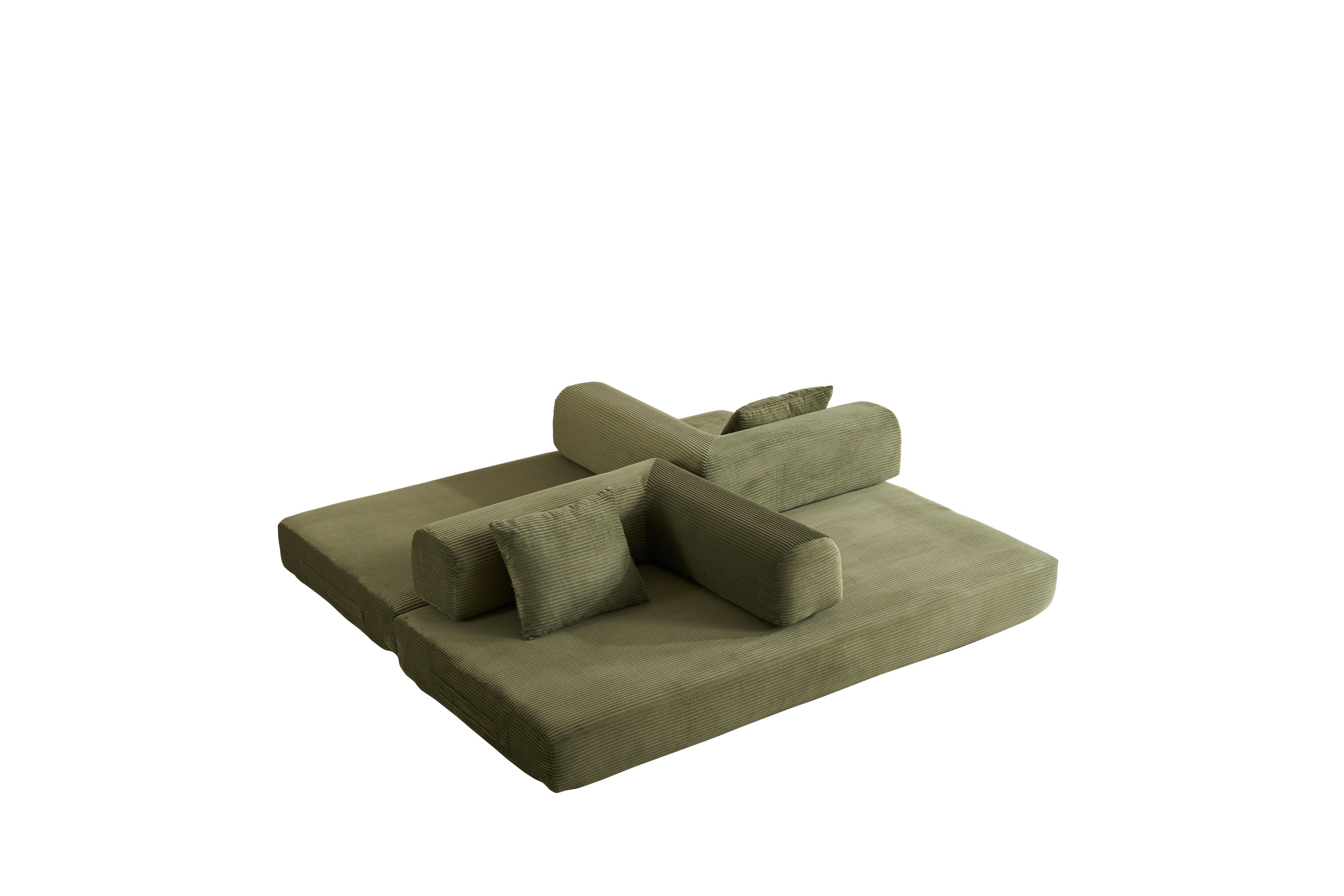 Convertible Sleeper Sofa Bed with Cylindrical Pillow, Corduroy Folding Mattress Couch with Fixed-Shape Frame, Floor Sofa Lounge Couch for Living Room Bedroom (Green) - Grand Goldman Shop