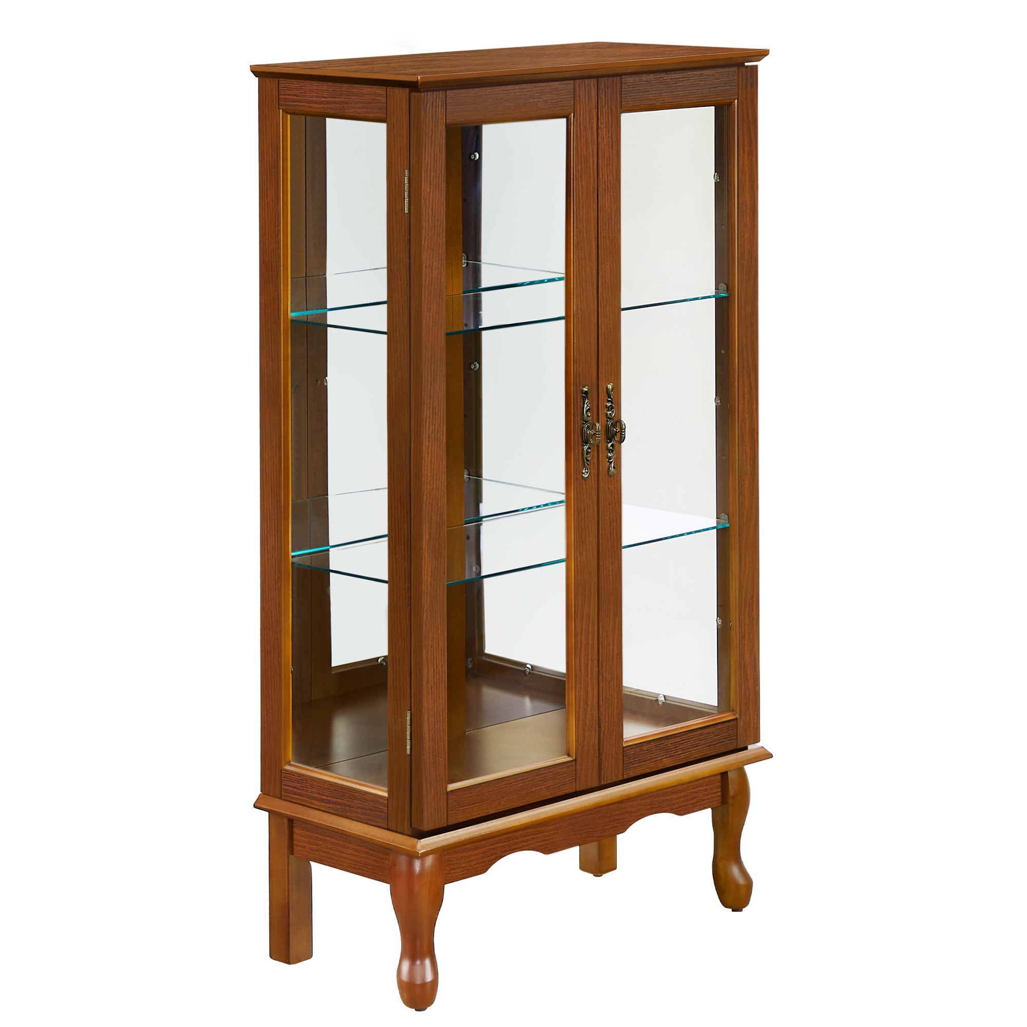 Lighted Curio Cabinet with Adjustable Shelves, Mirrored Back Panel, and Tempered Glass Doors, 3-Tier Oak Finish - Grand Goldman Shop