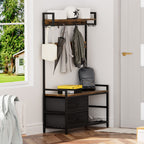Rustic Brown 33.1' Wide Hall Tree with 2 Movable Drawers, Shoe Storage, Shelves, Garment Racks, and 23 Hooks for Entryway or Corner - Grand Goldman Shop