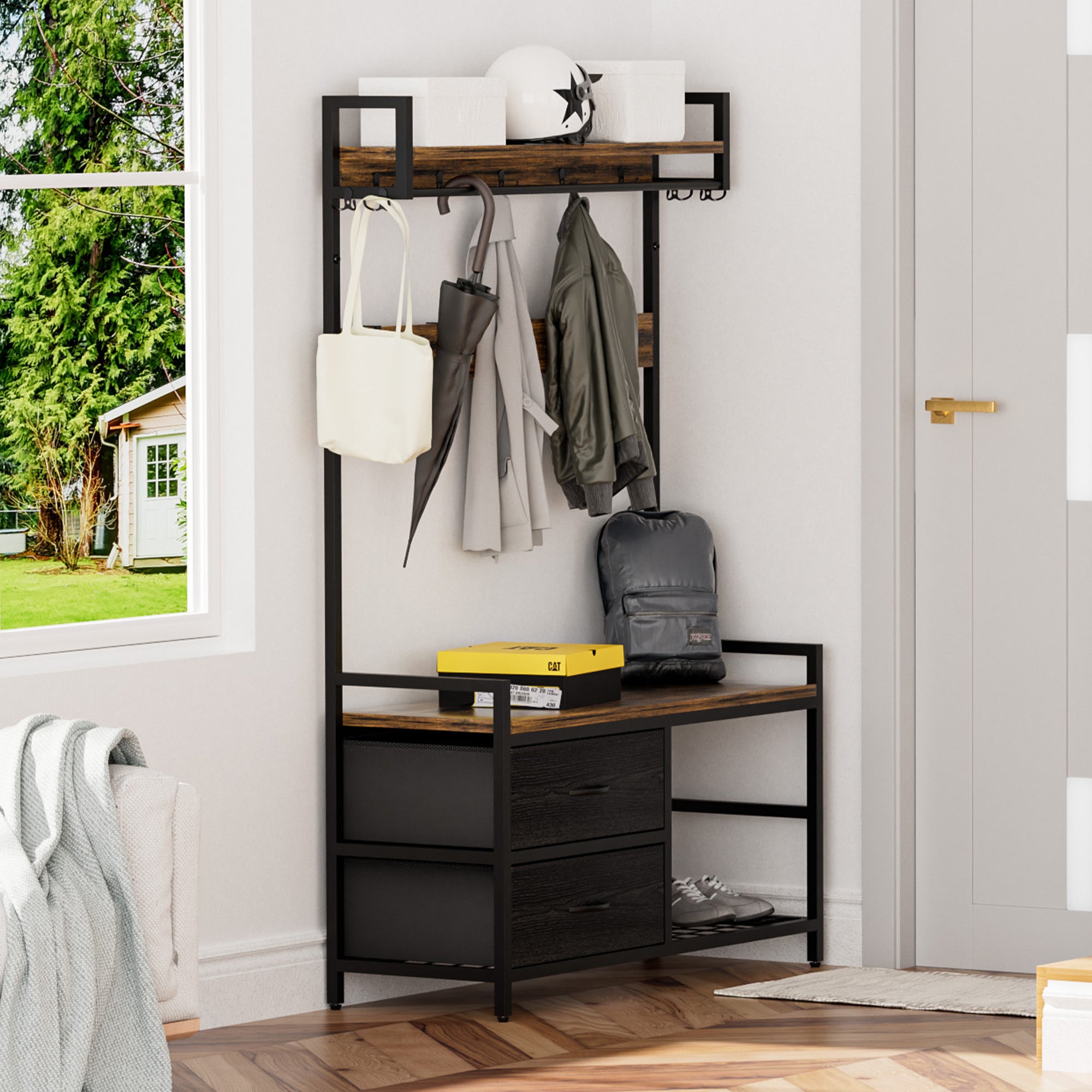 Rustic Brown 33.1' Wide Hall Tree with 2 Movable Drawers, Shoe Storage, Shelves, Garment Racks, and 23 Hooks for Entryway or Corner - Grand Goldman Shop