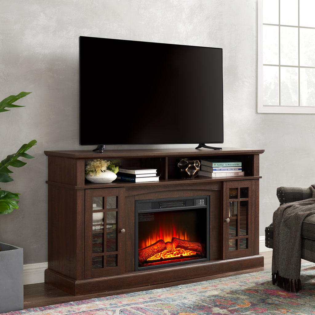 Classic TV Media Stand Modern Entertainment Console with 23' Fireplace Insert for TV Up to 65' with Open and Closed Storage Space, Espresso, 58.25'W*15.75'D*32'H - Grand Goldman Shop