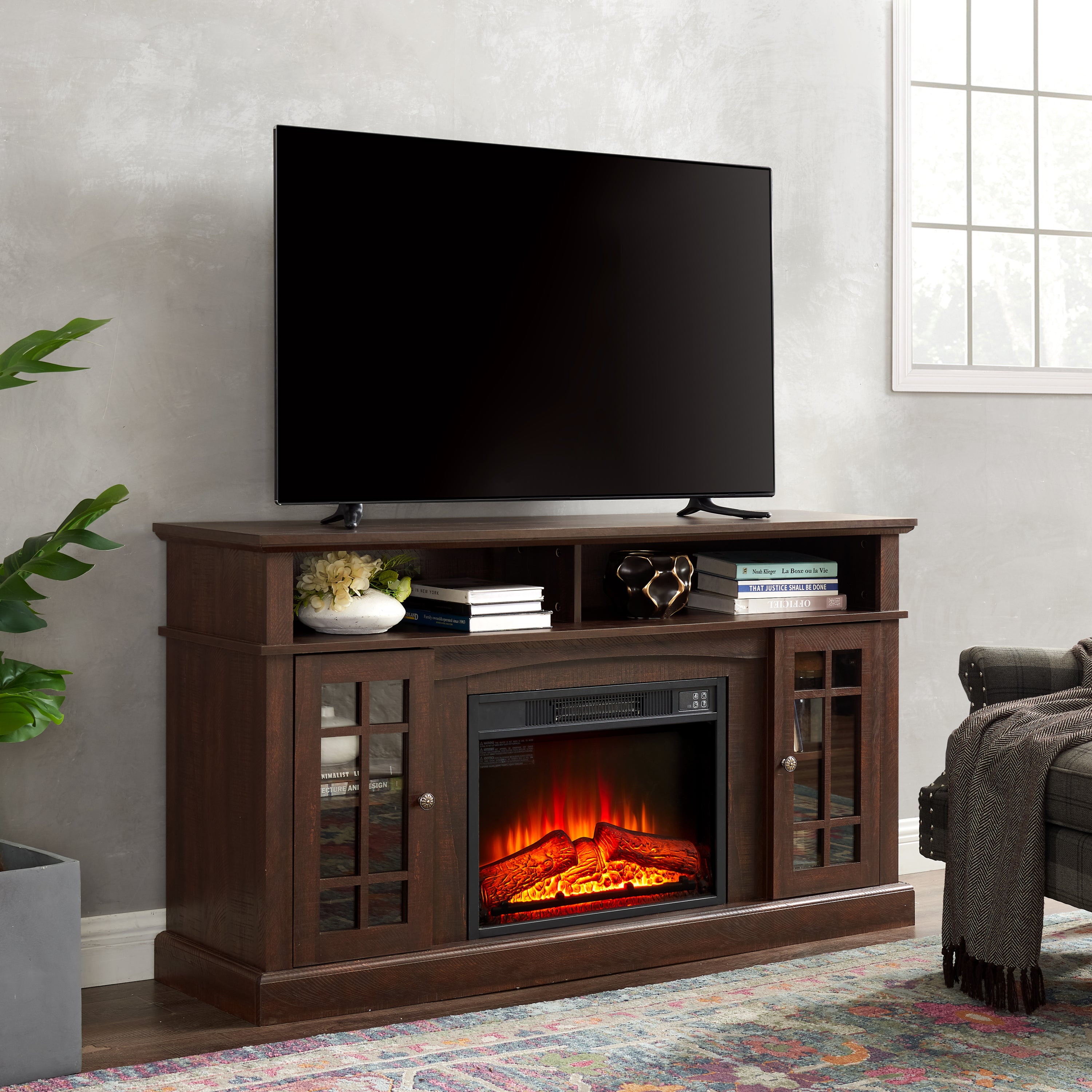 Classic TV Media Stand Modern Entertainment Console with 23' Fireplace Insert for TV Up to 65' with Open and Closed Storage Space, Espresso, 58.25'W*15.75'D*32'H - Grand Goldman Shop