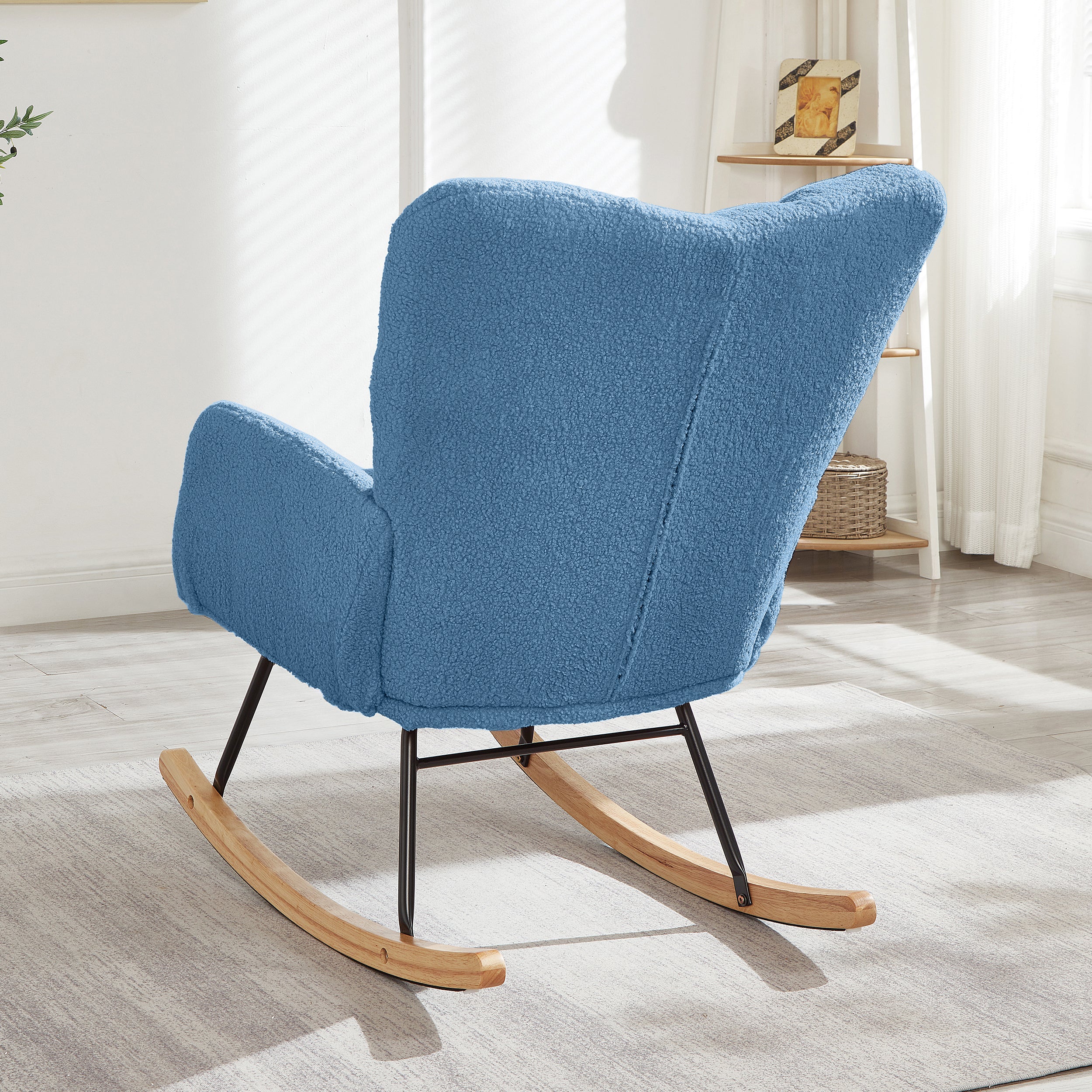 Glider Chair for Living Room Tufted Upholstered Teddy Fabric Rocking Chair with Metal Frame Accent Chair Blue - Grand Goldman Shop