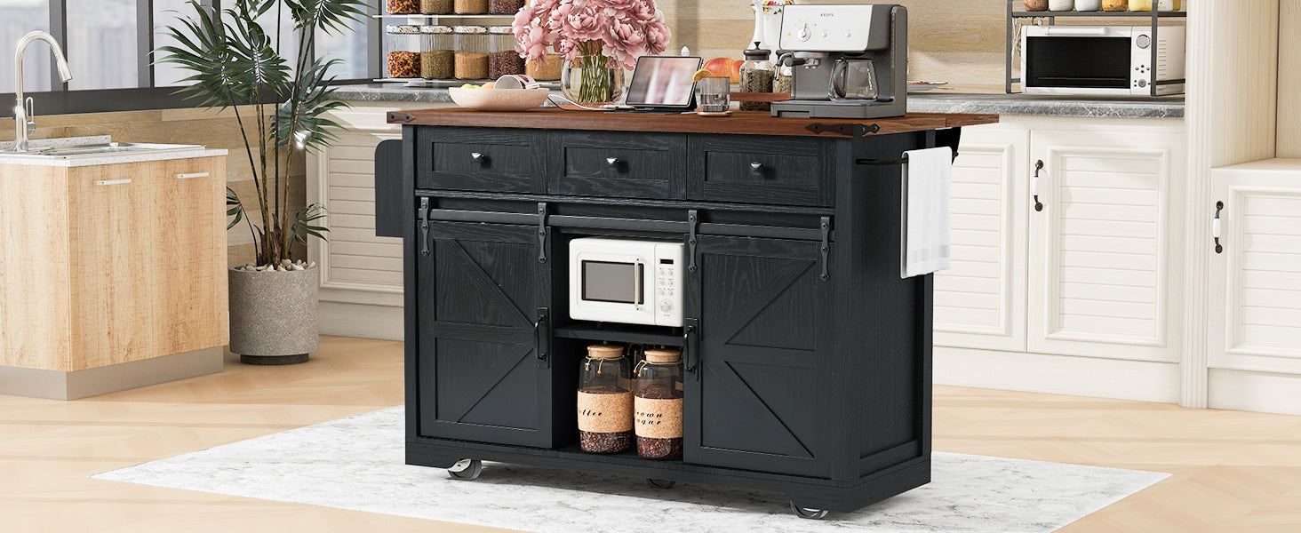 K&K 53.7' Farmhouse Kitchen Island with Power Outlet, 2 Sliding Barn Door Kitchen Storage Island with Drop Leaf, Spice Rack Rolling Kitchen Cart on Wheels, for Home, Kitchen and Dining Room, Black - Grand Goldman Shop