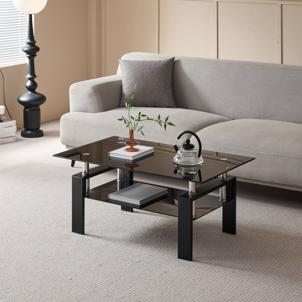 Modern Tempered Black Glass Coffee Table with 2-Layers and Waterfall Edges for Living Room - Grand Goldman Shop