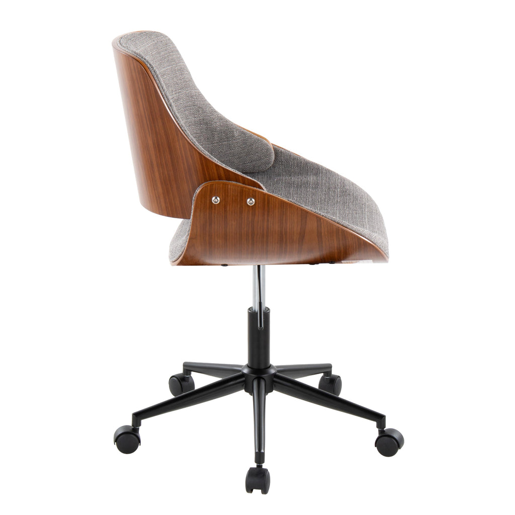 Contemporary Office Chair in Black Metal, Walnut Wood, and Grey Fabric - Grand Goldman