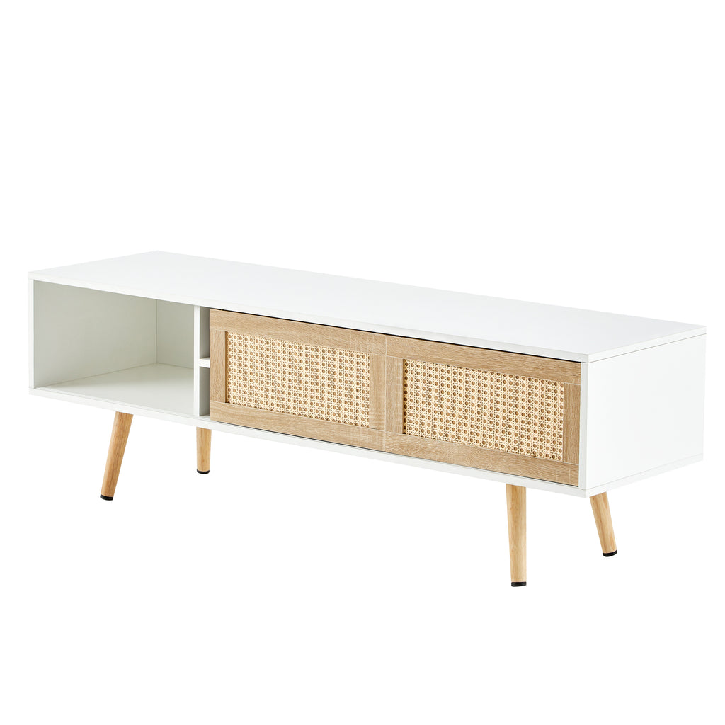 Modern Rattan TV Cabinet with Double Sliding Doors, Adjustable Shelf, Solid Wood Legs, White, 55.12 inches - Grand Goldman Shop