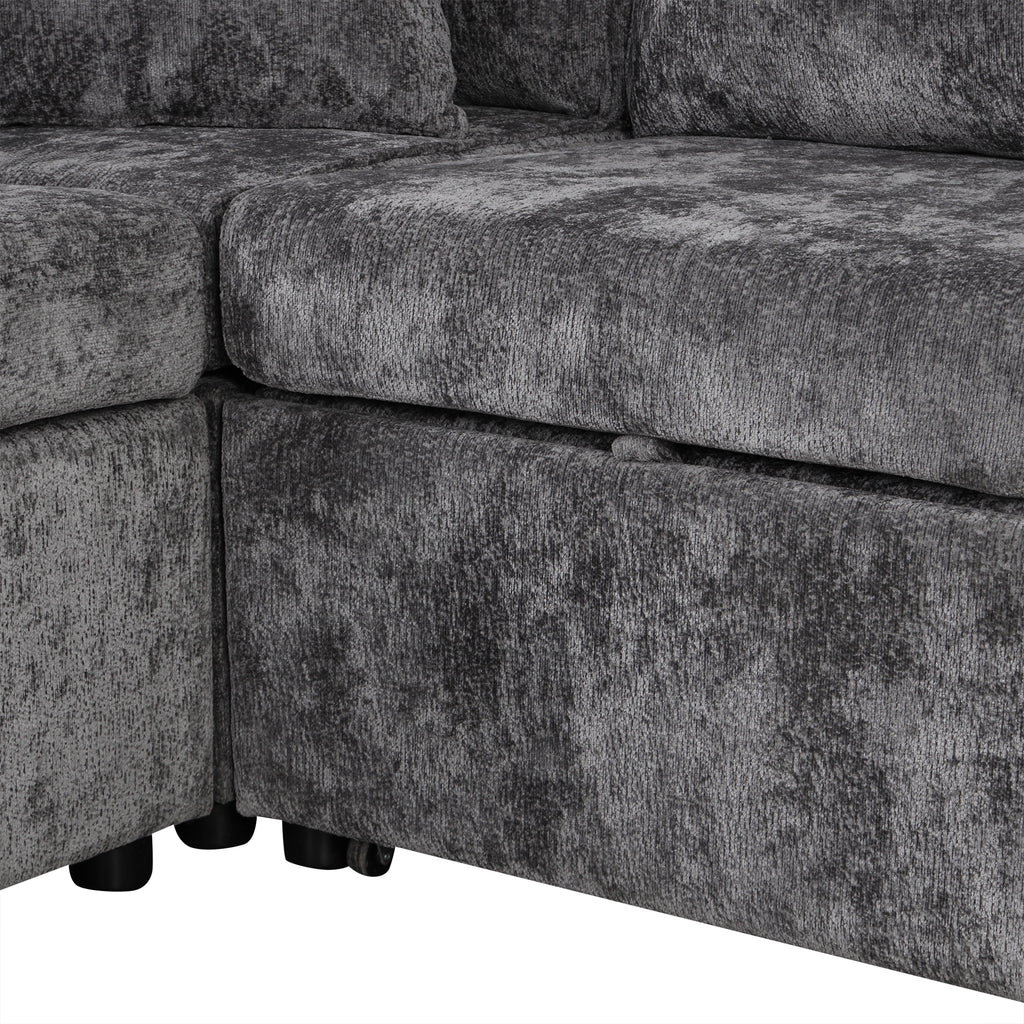 Modern Sectional Sofa Pull-out Sleeper with Storage Ottoman, USB Charging, Grey Tweed Chenille, 112.2' - Grand Goldman Shop