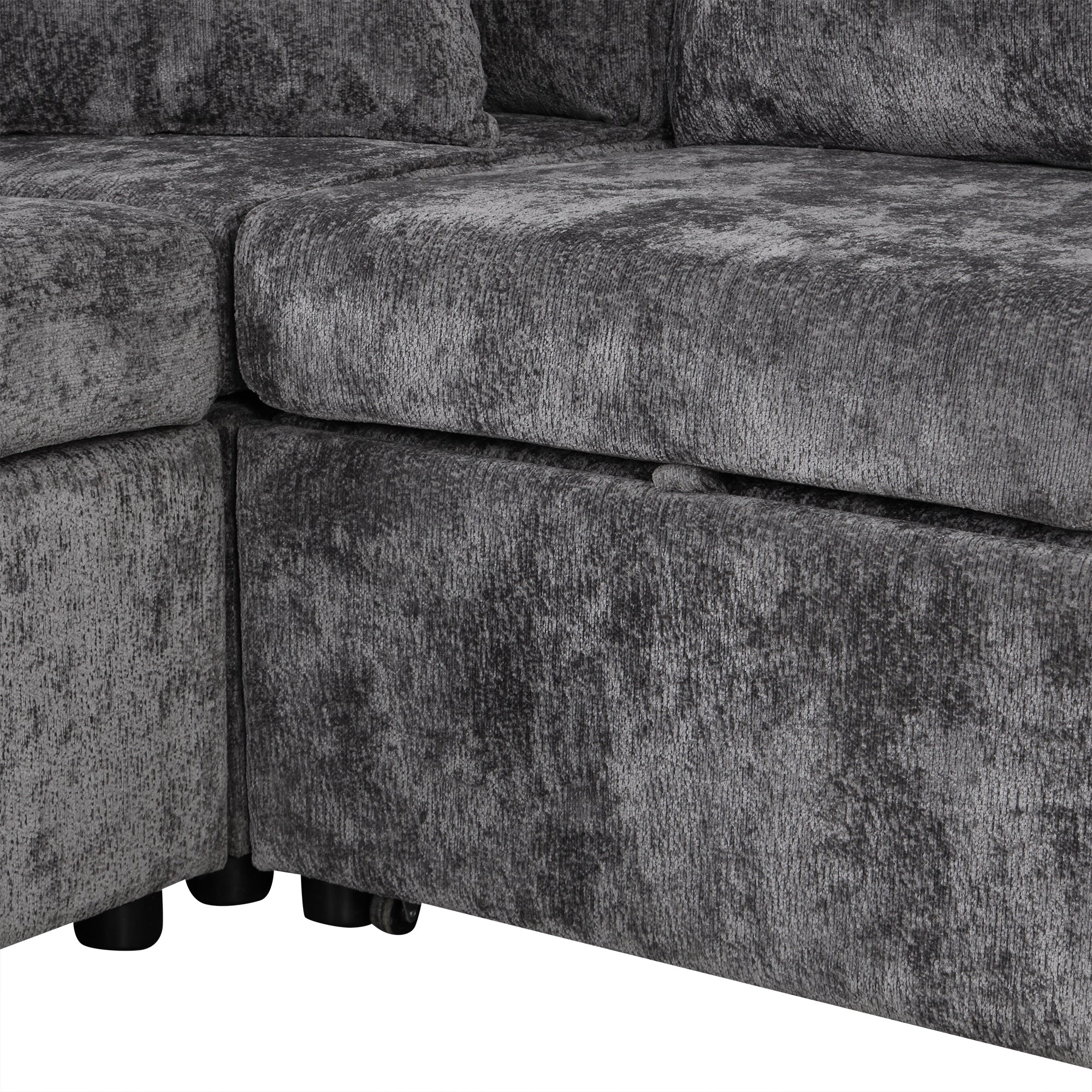 Modern Sectional Sofa Pull-out Sleeper with Storage Ottoman, USB Charging, Grey Tweed Chenille, 112.2' - Grand Goldman Shop