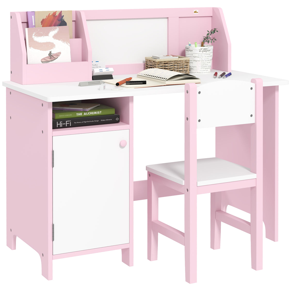 Qaba Toddler Desk and Chair Set, Kids Writing Desk Study Table for Children with Whiteboard, Storage Cabinet, Child Furniture