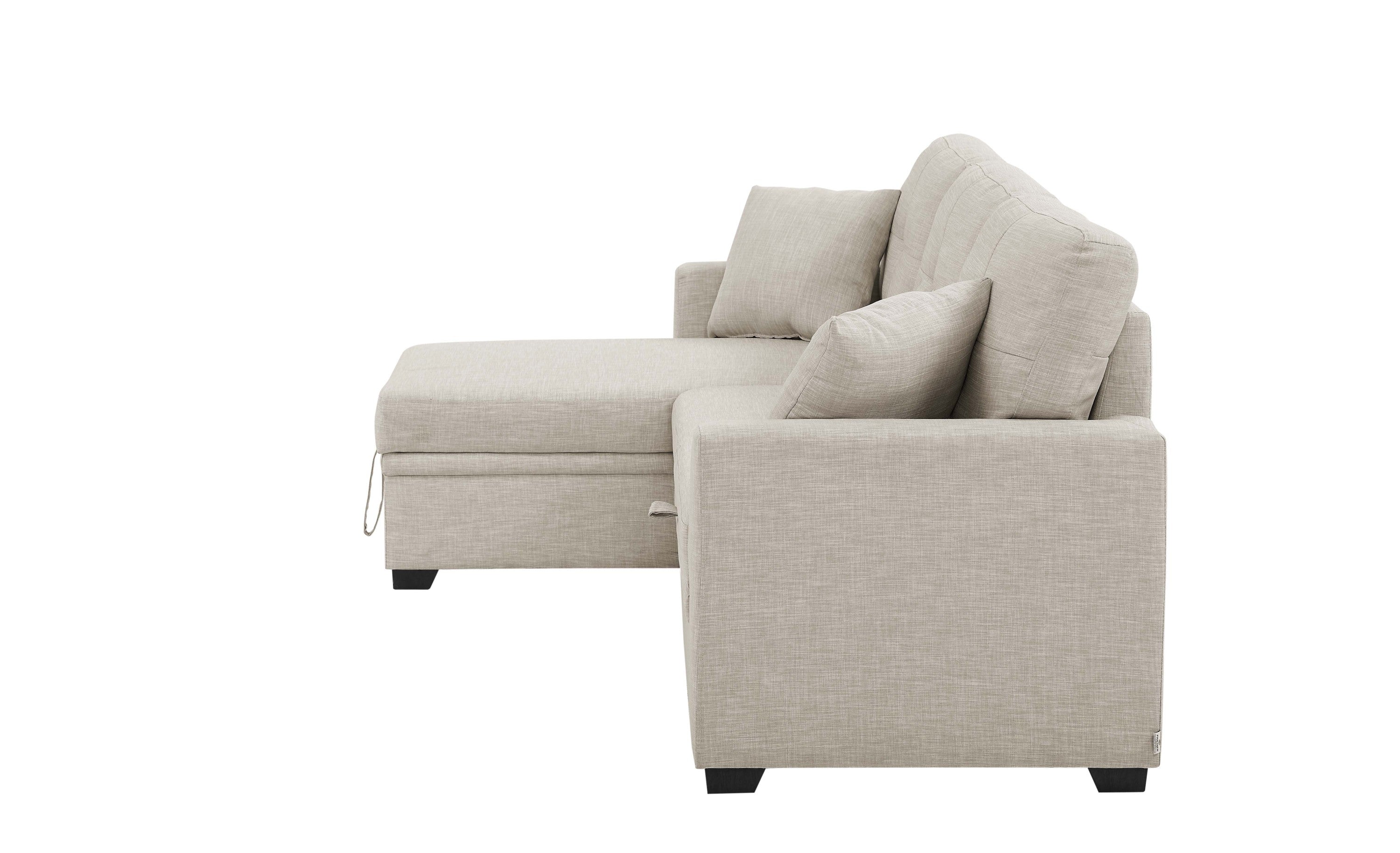 76.5' Linen Blend Upholstered Sectional with Pull-Out Bed and Chaise Storage - Grand Goldman Shop