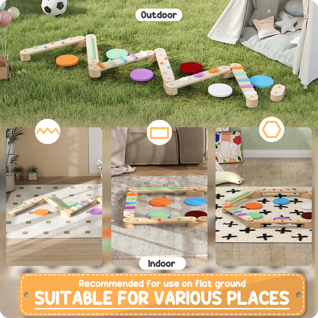 Qaba Kids Balance Beam, Wooden Balance Board with Stepping Stones, Gymnastics Obstacle Course for Toddlers 3-8 Years for Moto