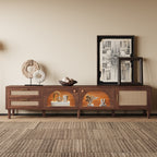 Modern 86 inch TV Stand for TVs up to 90 inches, Dark Brown Rattan Design with App-Controlled LED Lights, 2 Drawers & Glass Door Storage, MDF and Solid Wood Media Console - Grand Goldman Shop