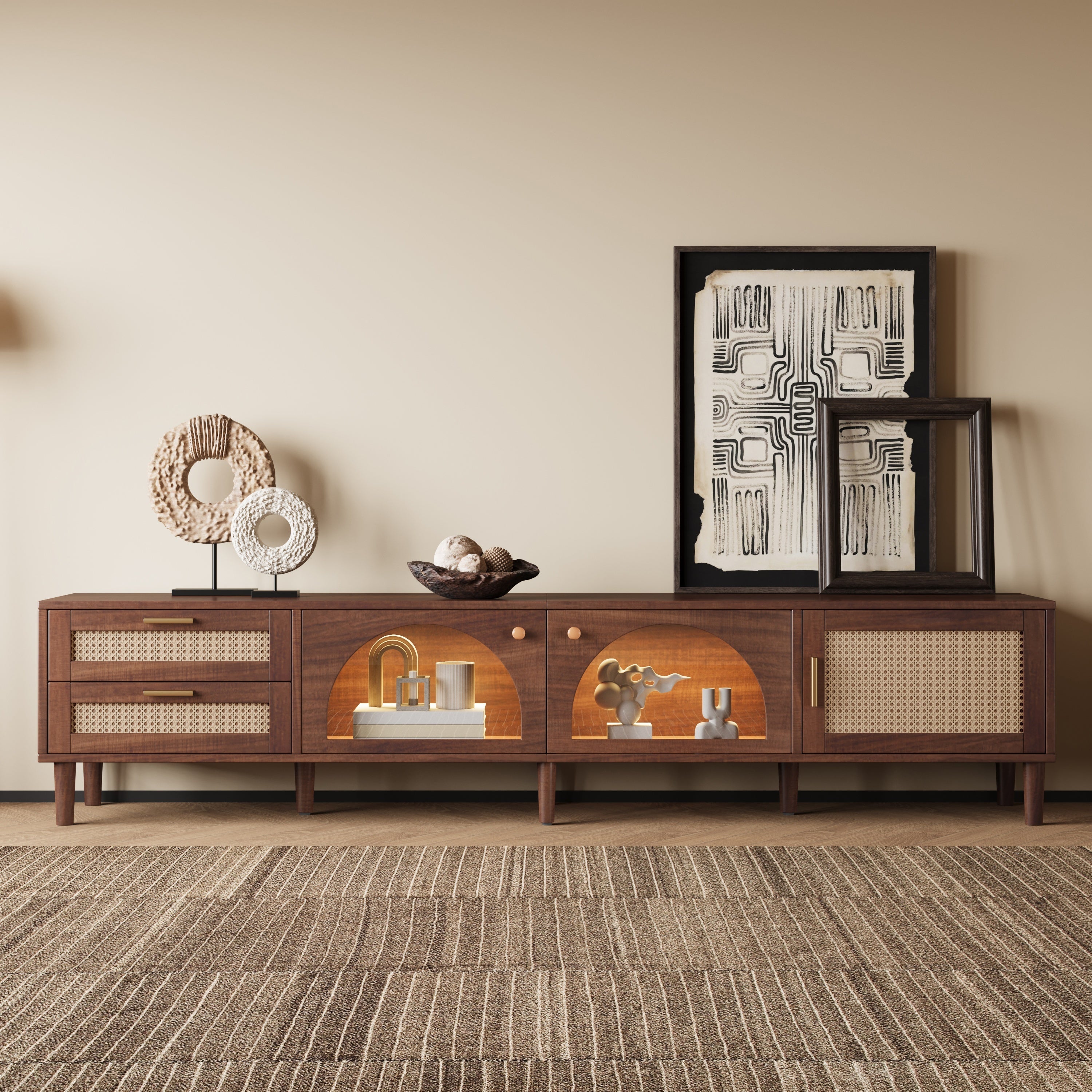Modern 86 inch TV Stand for TVs up to 90 inches, Dark Brown Rattan Design with App-Controlled LED Lights, 2 Drawers & Glass Door Storage, MDF and Solid Wood Media Console - Grand Goldman Shop