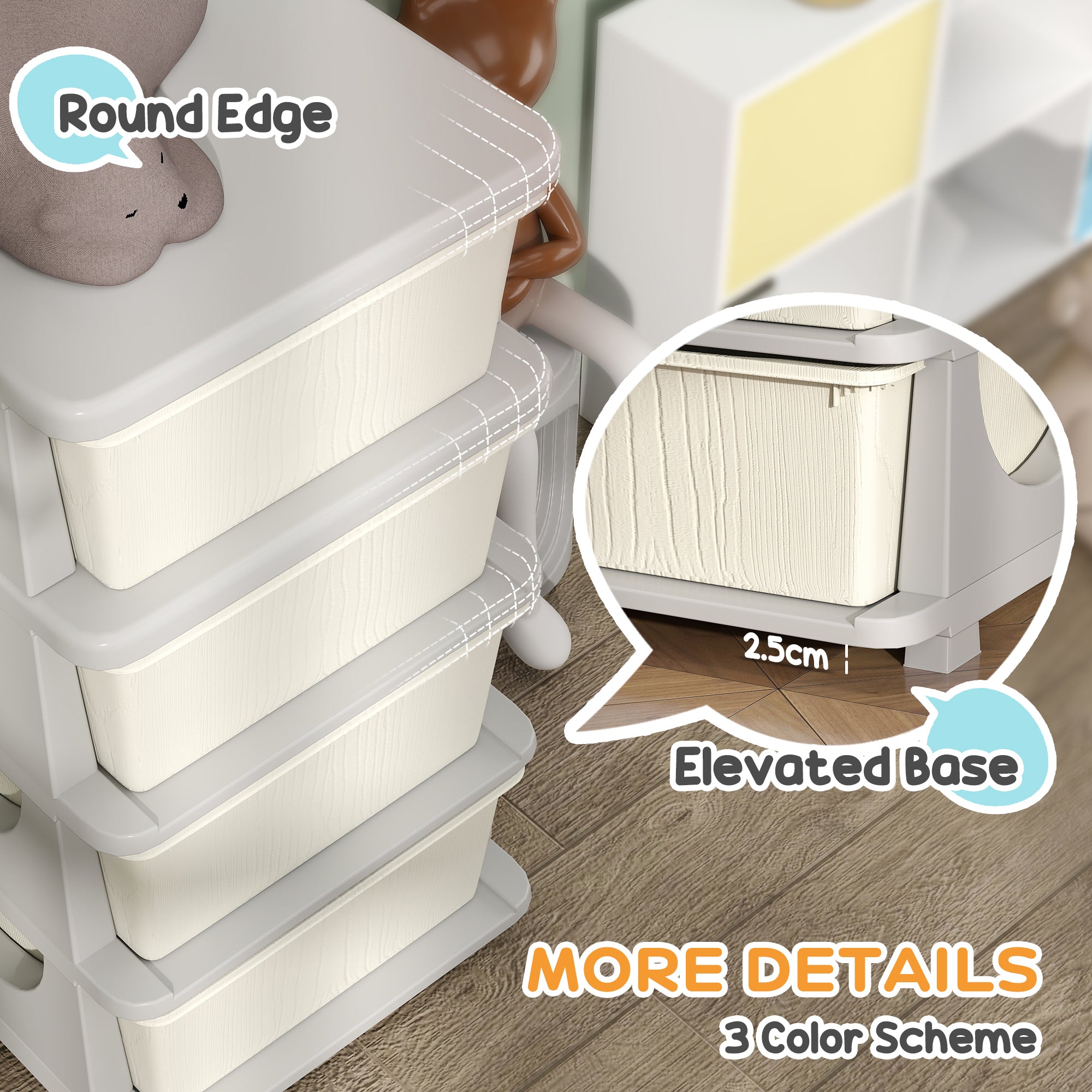 Qaba 4 Tier Kids Storage Unit, 4 Drawer Chest Toy Organizer Plastic Bins for Kids Bedroom Nursery Kindergarten Living Room fo