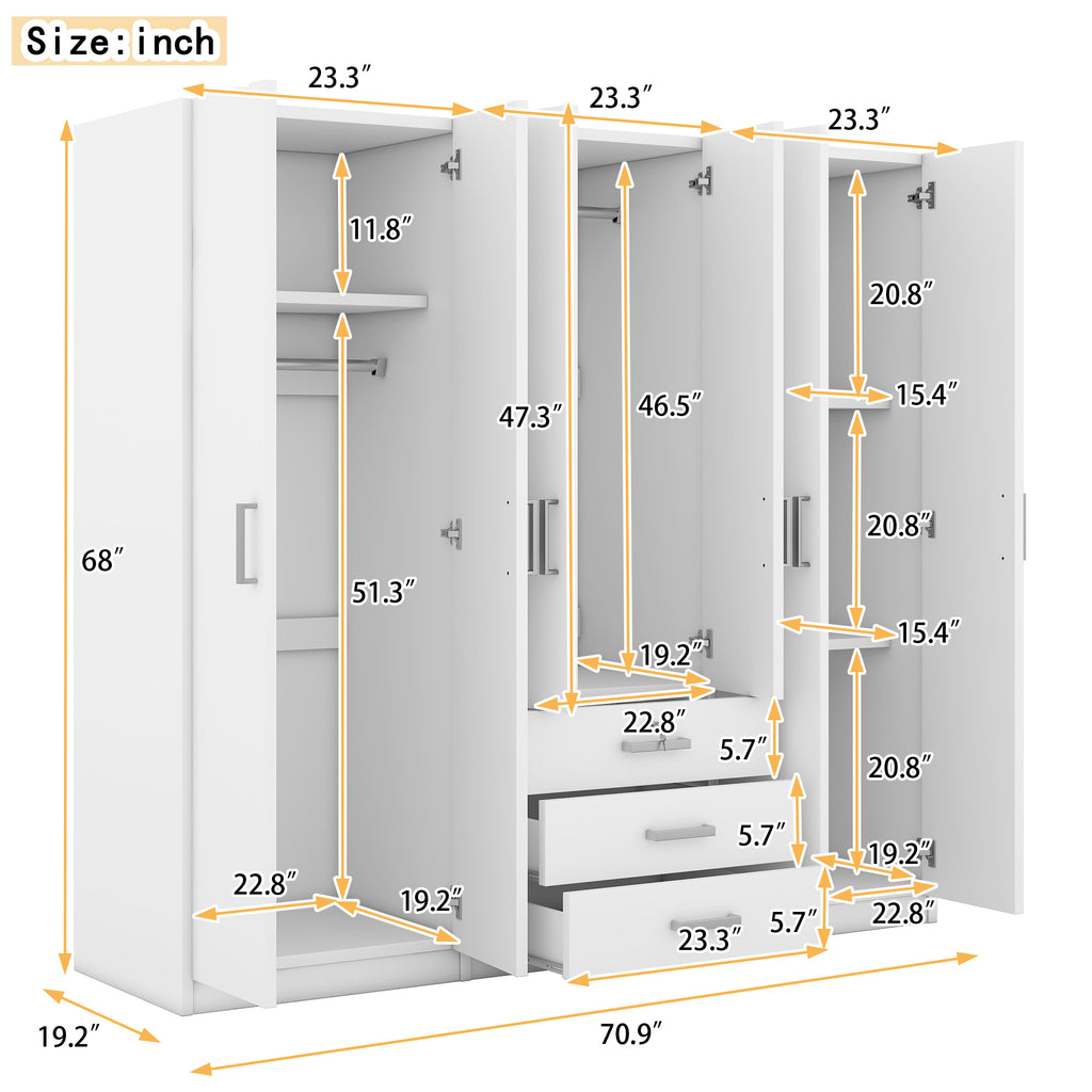 6-Doors Wooden Wardrobe Storage for Bedroom, with Big Drawers, White - Grand Goldman Shop