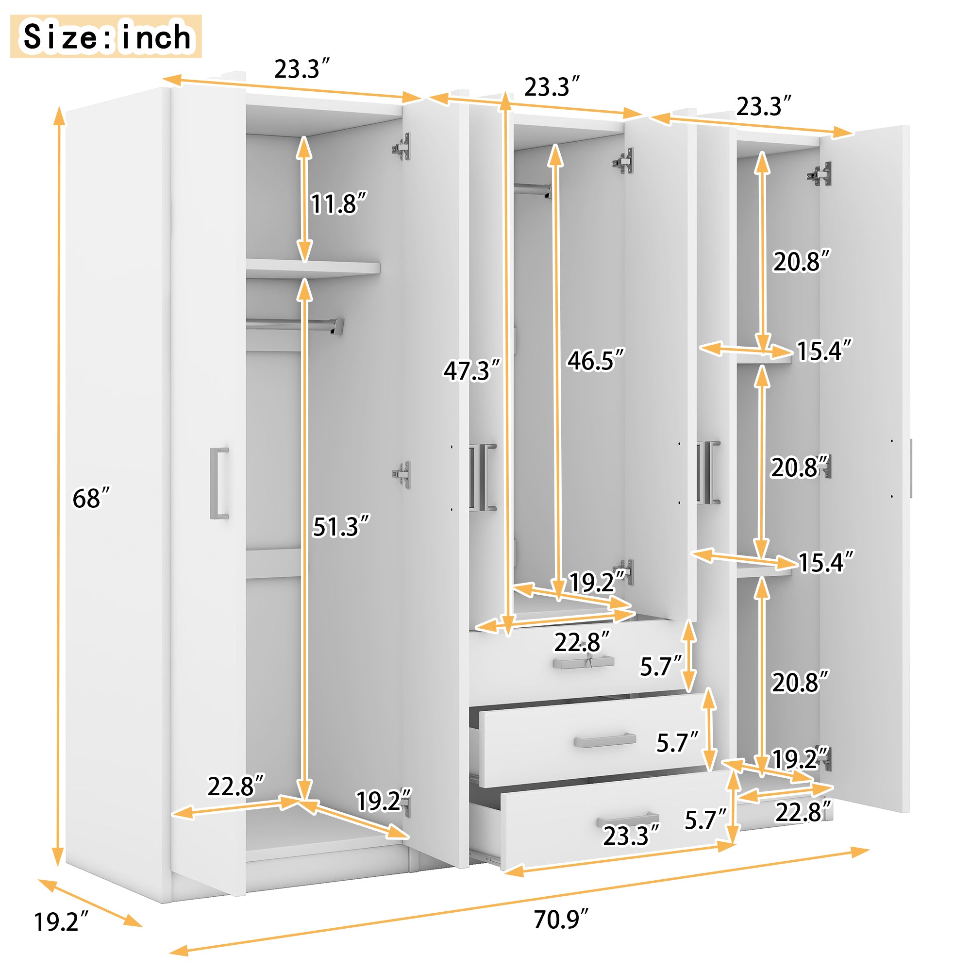 6-Doors Wooden Wardrobe Storage for Bedroom, with Big Drawers, White - Grand Goldman Shop