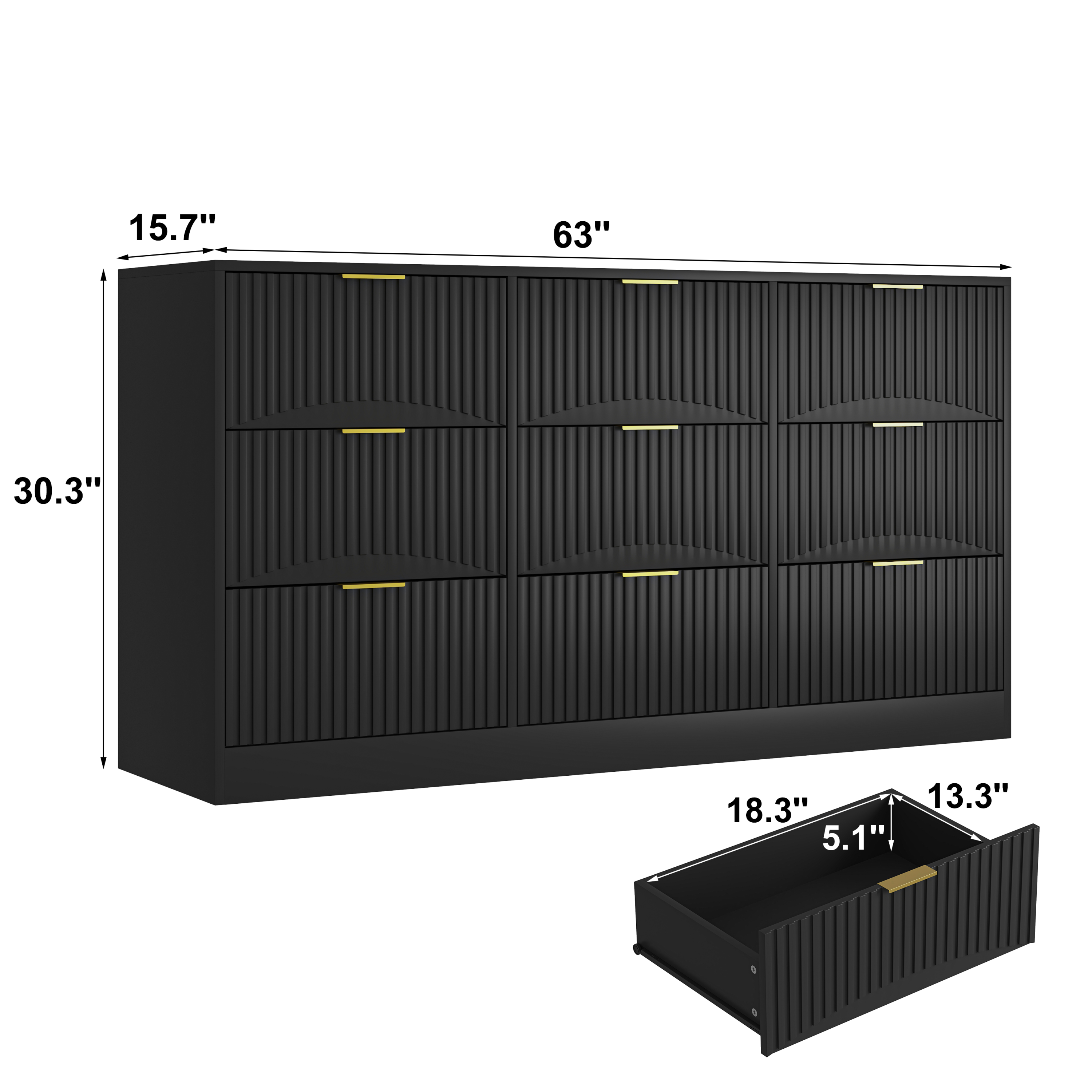 Black 9 Drawer Dresser, 63' Large Deep Chest of Drawers, Wooden Dresser Storage Cabinet with 9 Drawers for Bedroom, Long Dressers for Living Room, Hallway, Drawer panel with wavy patterns - Grand Goldman Shop