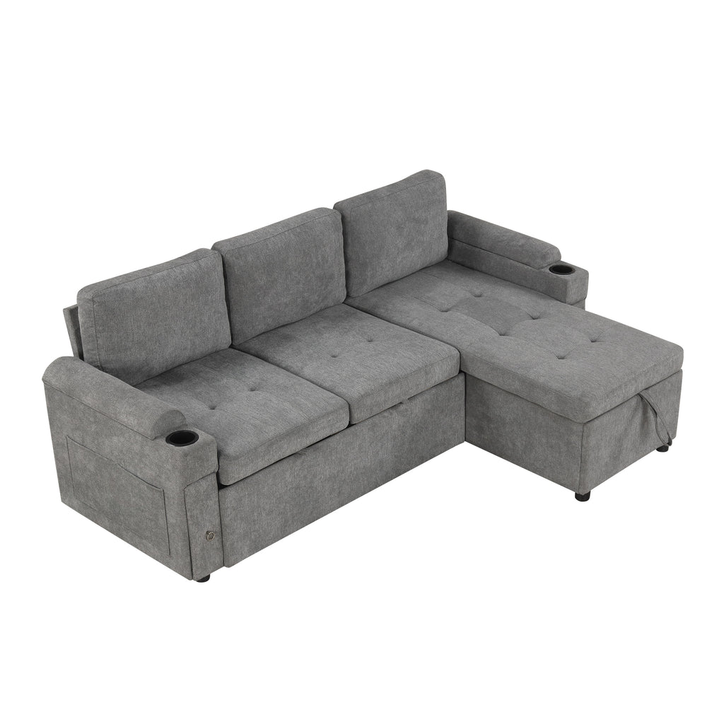 Modern L-shaped Convertible Sofa Bed with Storage, Cup Holders, USB Ports, Gray Chenille, 83.5' - Grand Goldman Shop