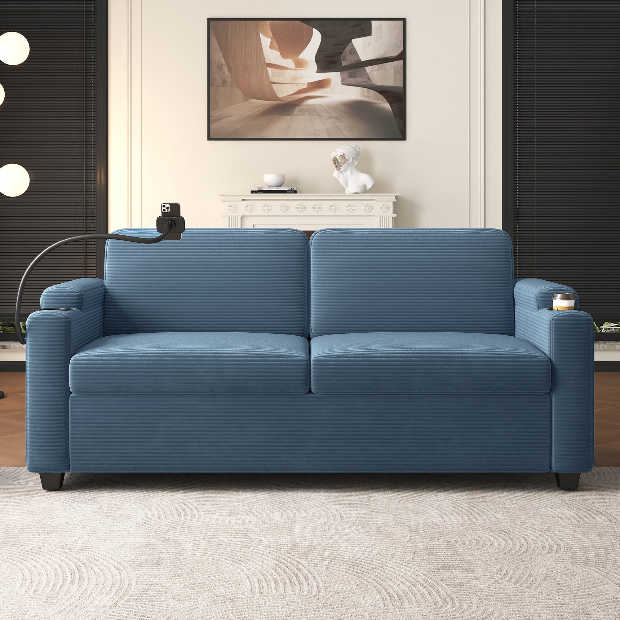 Navy Blue Corduroy Sleeper Sofa Loveseat with Full Size Mattress, USB Ports, Cup Holders, Side Pockets and Phone Holder - Grand Goldman Shop