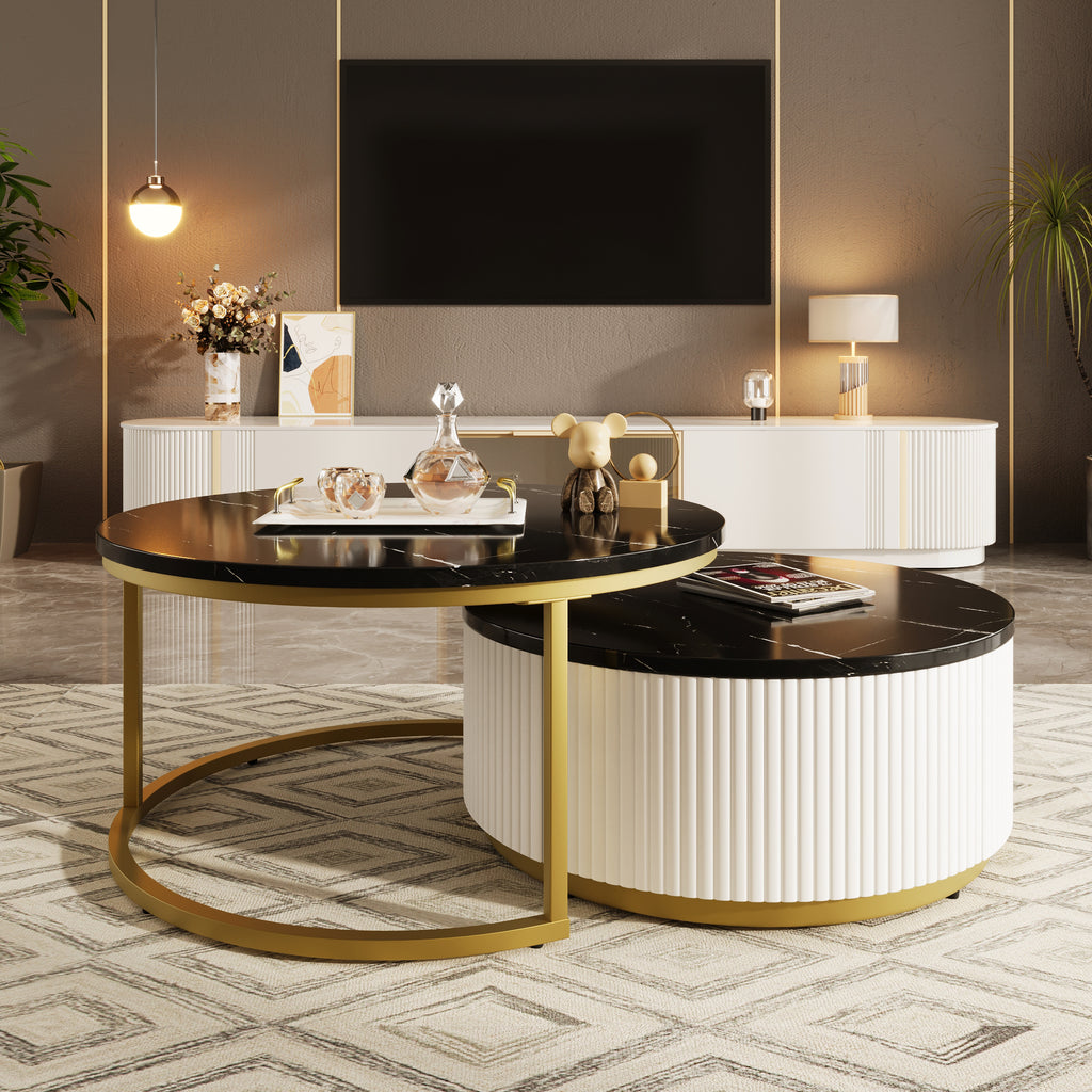 Modern Round Nesting Coffee Table Fluted with Drawer in Black & Gold in 31.5'' - Grand Goldman Shop