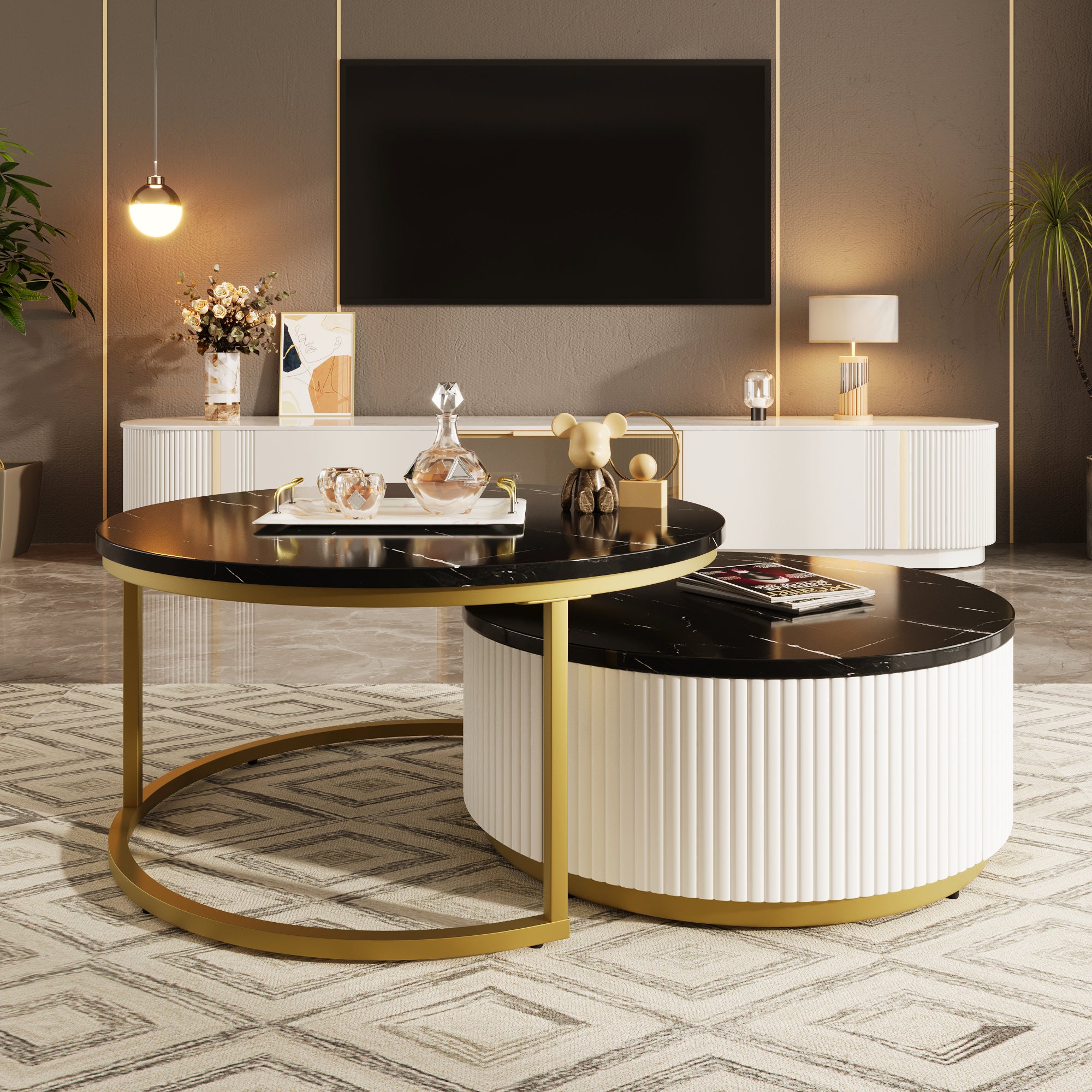 Modern Round Nesting Coffee Table Fluted with Drawer in Black & Gold in 31.5'' - Grand Goldman Shop
