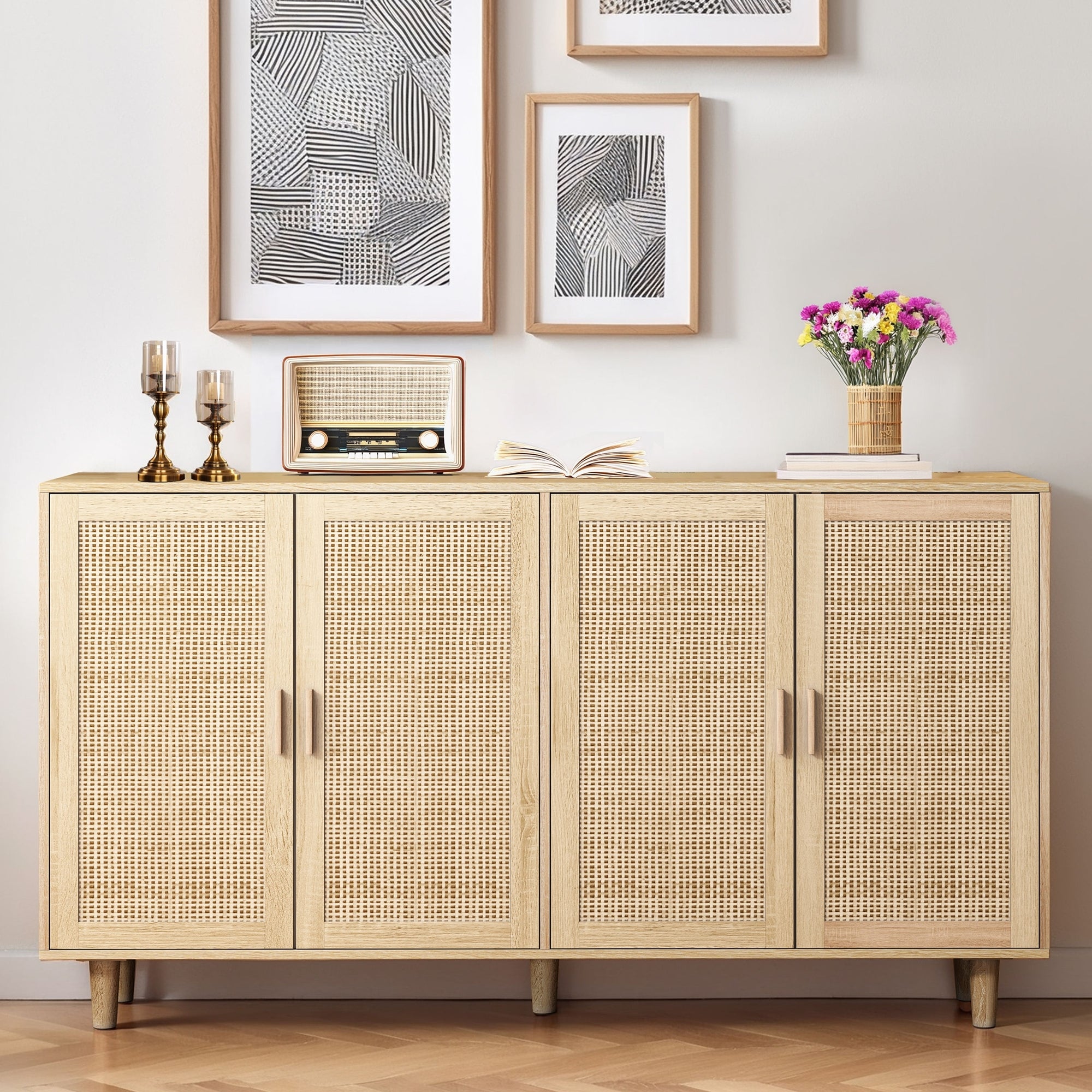 Elegant and Functional 4-Door Rattan Decorative Storage Cabinet for Bedroom, Living Room, Office in Natural Particle Board - Grand Goldman Shop