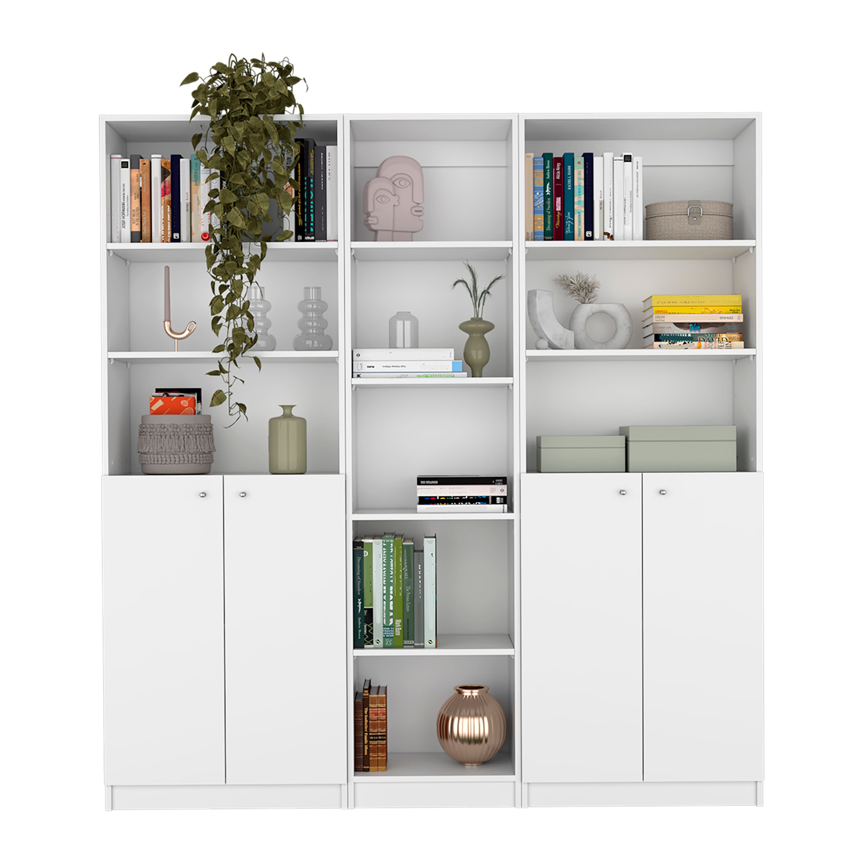 Acres 3 Piece Home Bookcase set, 67' Wide with 11 Shelves and Two Double-Door Cabinet ,  Living Room Set  White | Premium Hom