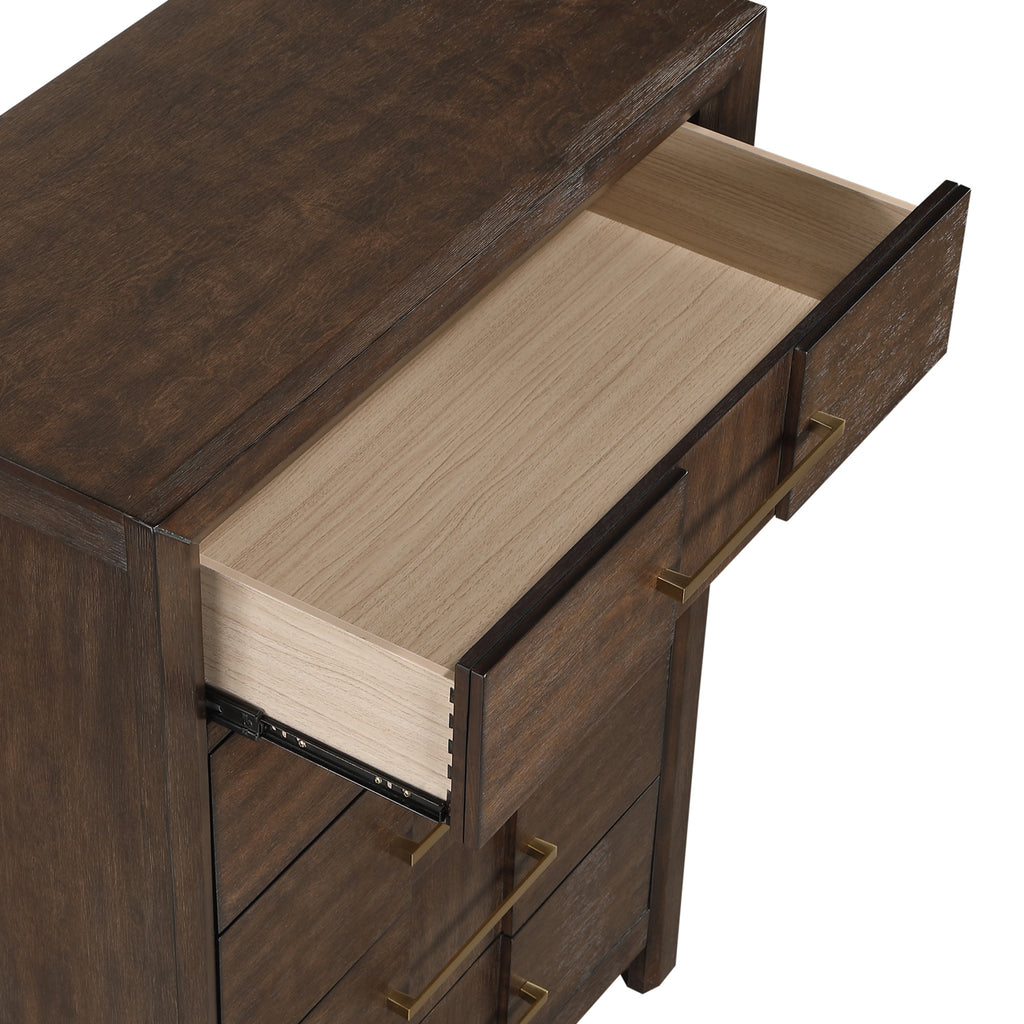 KENZO Modern King 5-Piece Storage Bedroom Set in Walnut Finish with LED Headboard, Bluetooth Speakers, USB Ports, Dresser, Mirror, Nightstand and Chest - Grand Goldman Shop