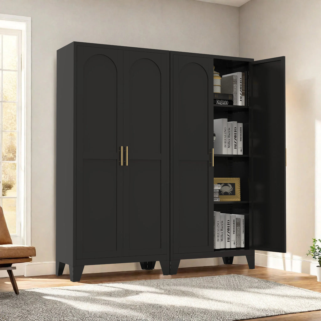 61'' 2 Shapely Doors Cabinet, Metal Storage Cabinet with Doors and Adjustable Shelves, for Bedroom, Living Room(Black) - Grand Goldman Shop