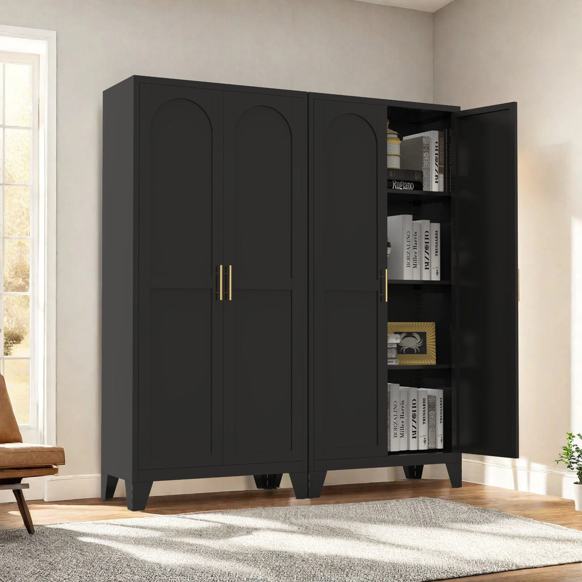 61'' 2 Shapely Doors Cabinet, Metal Storage Cabinet with Doors and Adjustable Shelves, for Bedroom, Living Room(Black) - Grand Goldman Shop